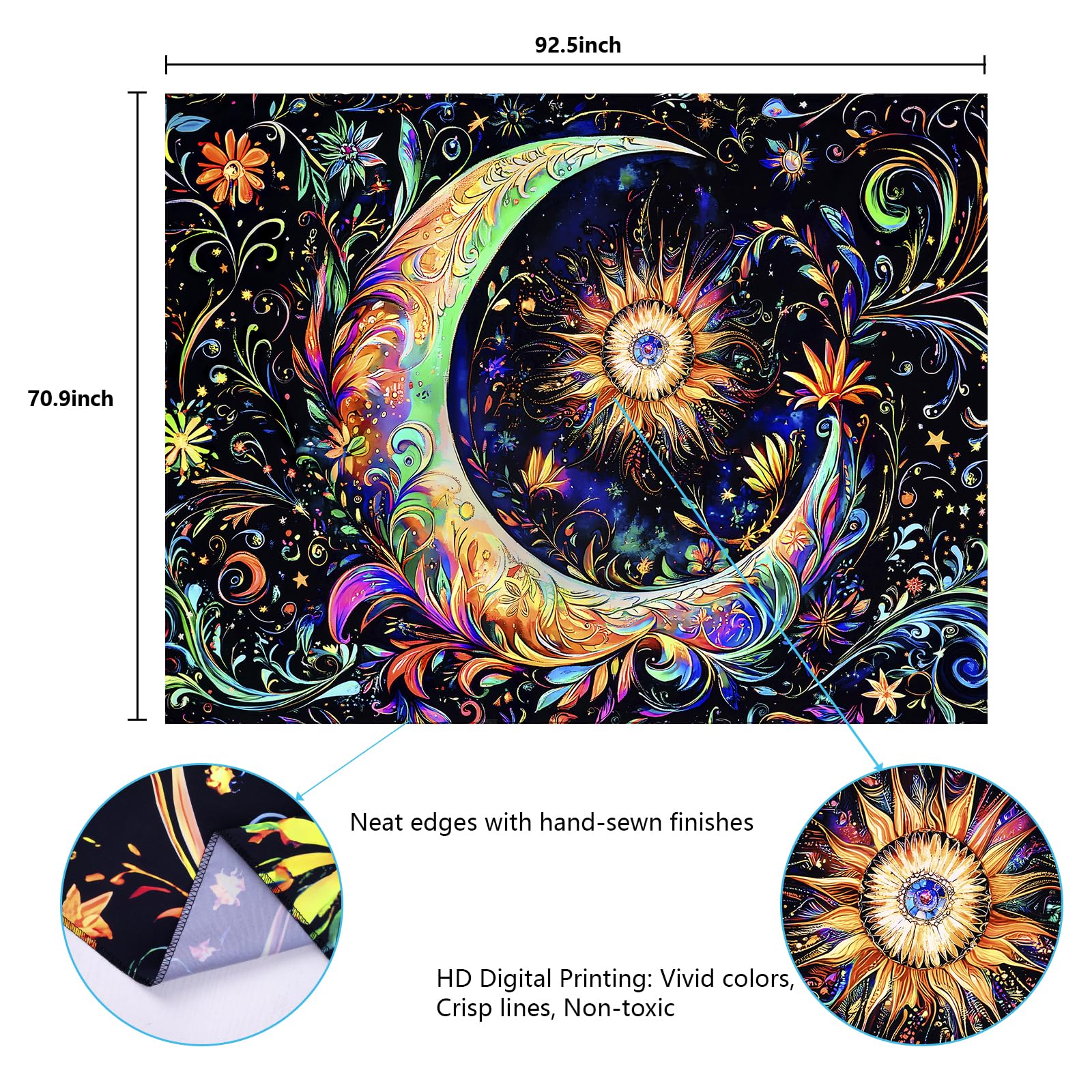 Invoibler Schwarzlicht-Wandteppich, UV-reaktiv, Mandala, Mond, Sonne, Wandkunst, Bohemian-Stil, ästhetischer Boho-Wandbehang für Schlafzimmer (180 x 235 cm)