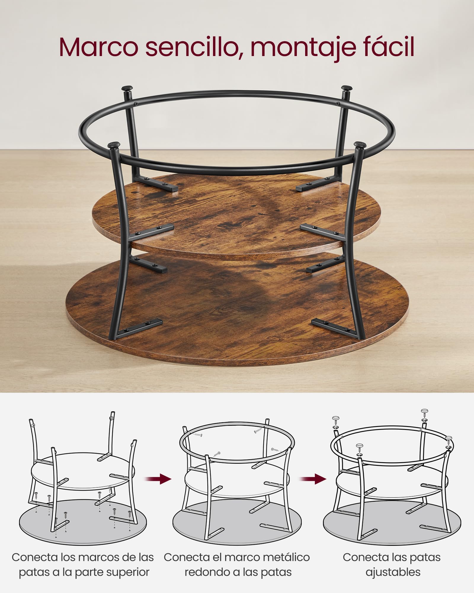 VASAGLE Mesa de Centro, Mesa Redonda Pequeña con Estante, Metal | Mesa de Café, Montaje Fácil, Diseño Industrial, Marrón Rústico y Negro, Colección BAMPU LCT80BX