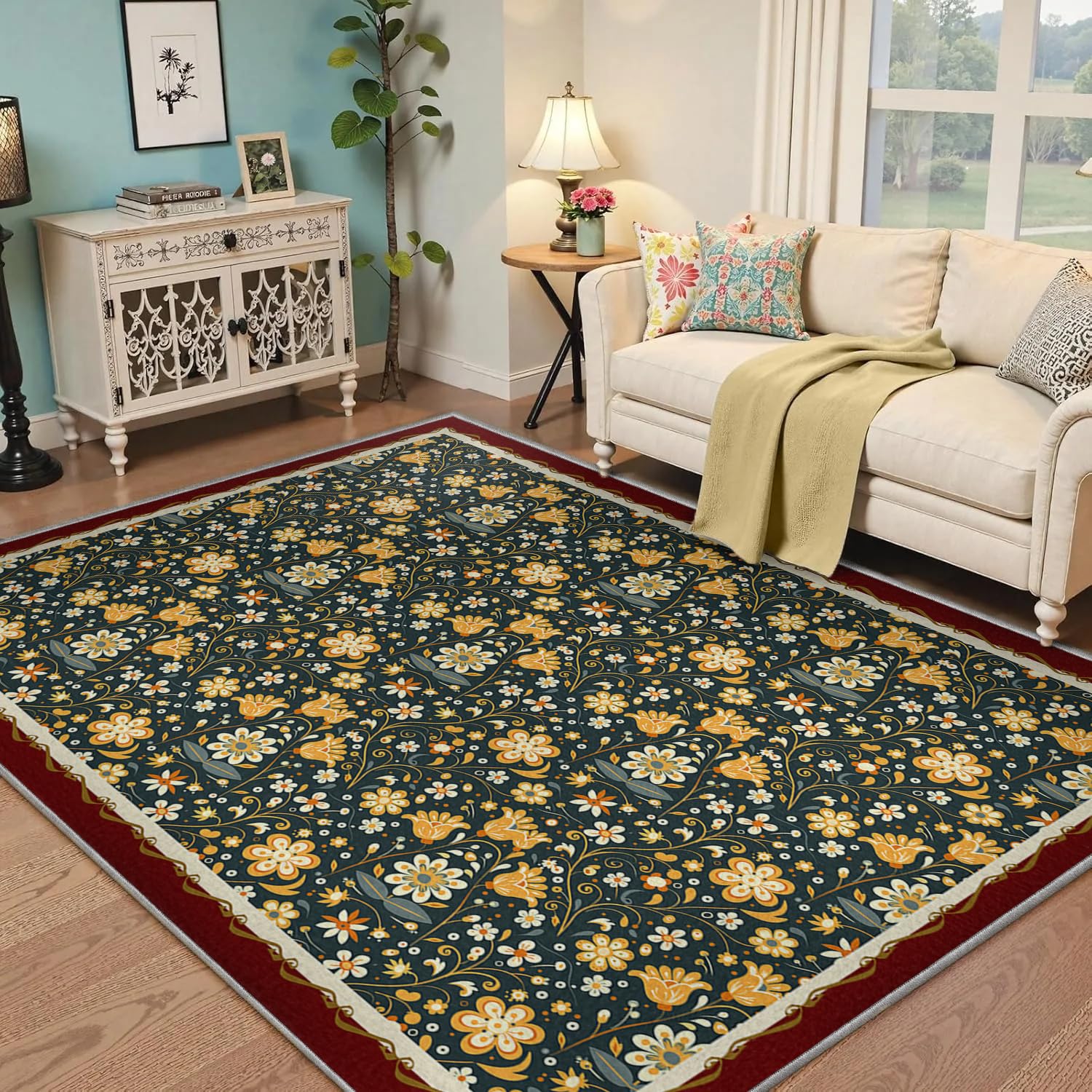 Tapis salon fleurs modernes 100x150 lavable pour une ambiance bohème chaleureuse