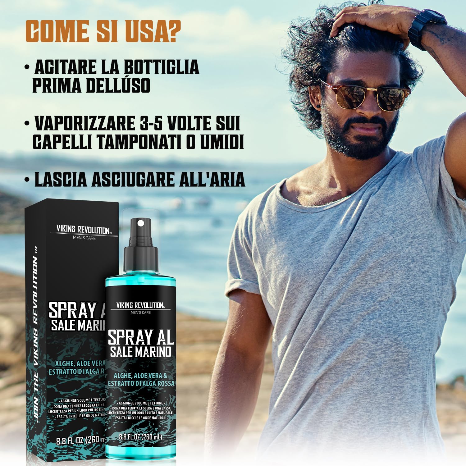 Viking Revolution - Sea Salt Spray - Spray al Sale Marino per Capelli Uomo con Alghe, Aloe Vera ed Alga Rossa -Volumizzante per Aggiungere Volume e Texture - Spray Texturizzante - 260ml