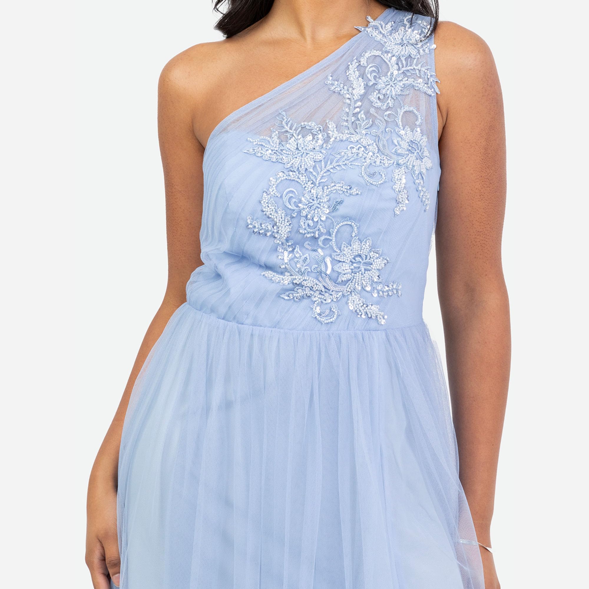 Maya Deluxe Women's Maxi Dress Ladies One Shoulder Embroidered Sequin Embellished Tulle Split Asymmetric Bridesmaid Prom Ball Gown Donna