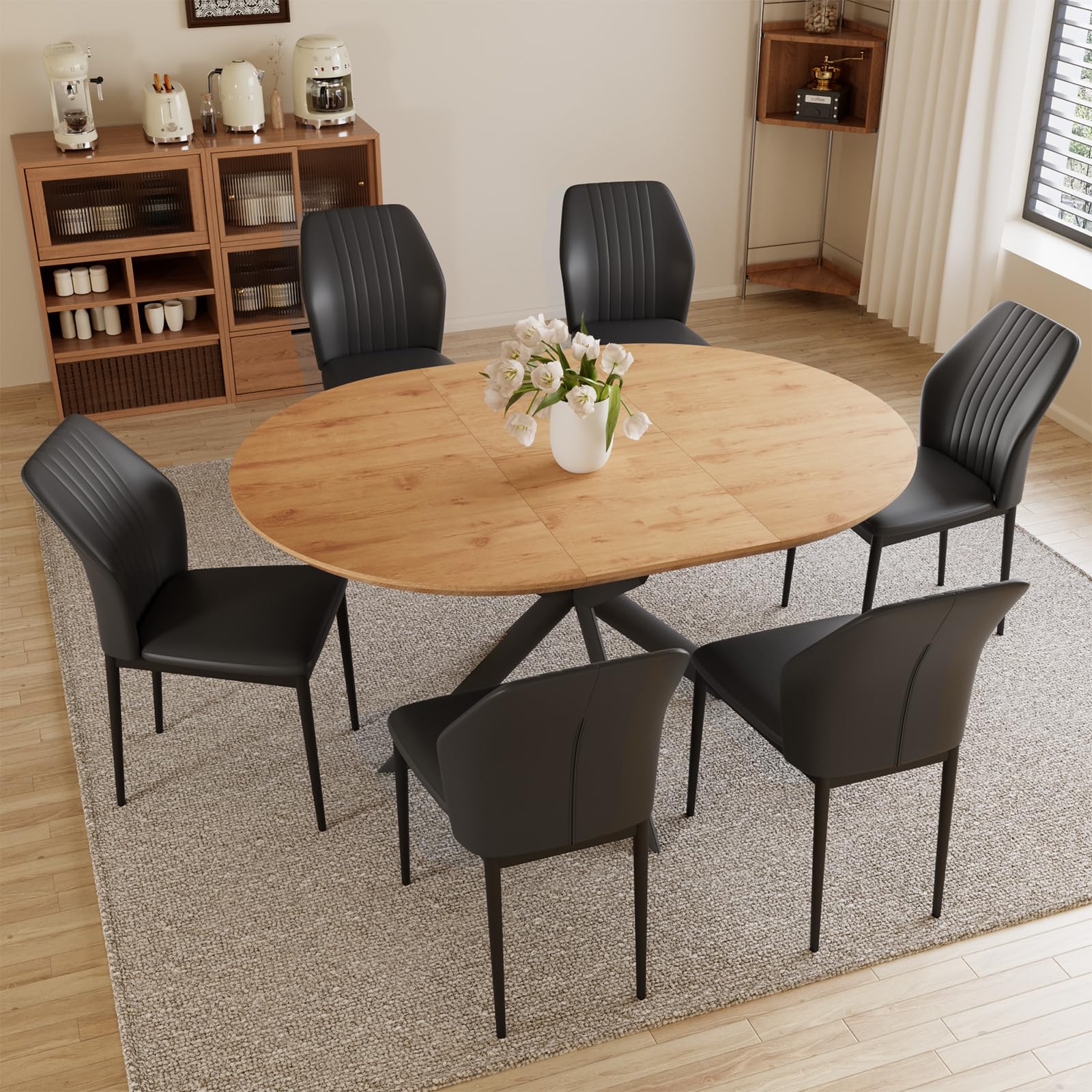 HIPIHOM 43.2"-59.1" Extendable Dining Table Set with Metal Legs, Wooden Round Kitchen Table for 4-6 Person, Oak Coffee Table w/Easy-Clean Tabletop