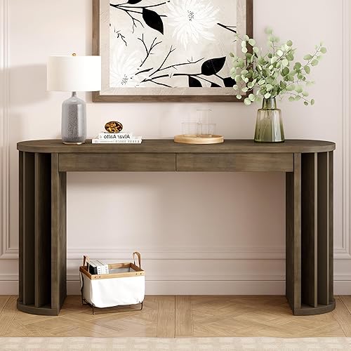 Miniatura 18 de Mesa consola de silueta retro única con estilo abierto, mesa consola versátil con dos cajones superiores, para entrada, comedor, sala de estar