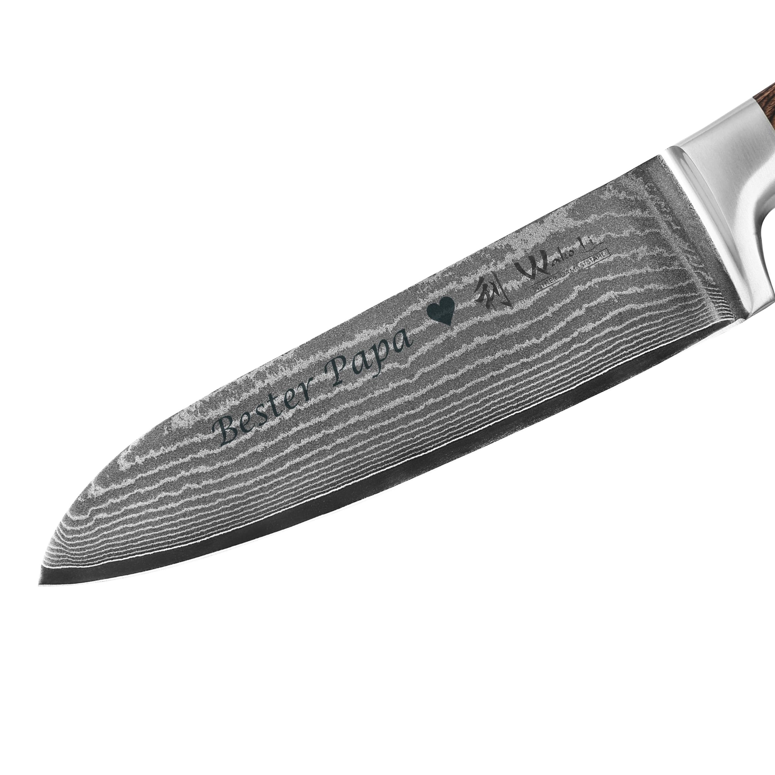 Wakoli EDIB Damastmesser Santoku mit Gravur – Personalisiertes Messer, 17 cm Klinge aus 67 Lagen Damaststahl (VG10-Kern), Pakkaholzgriff – Scharfes Küchenmesser Geschenk, Geschenkverpackung
