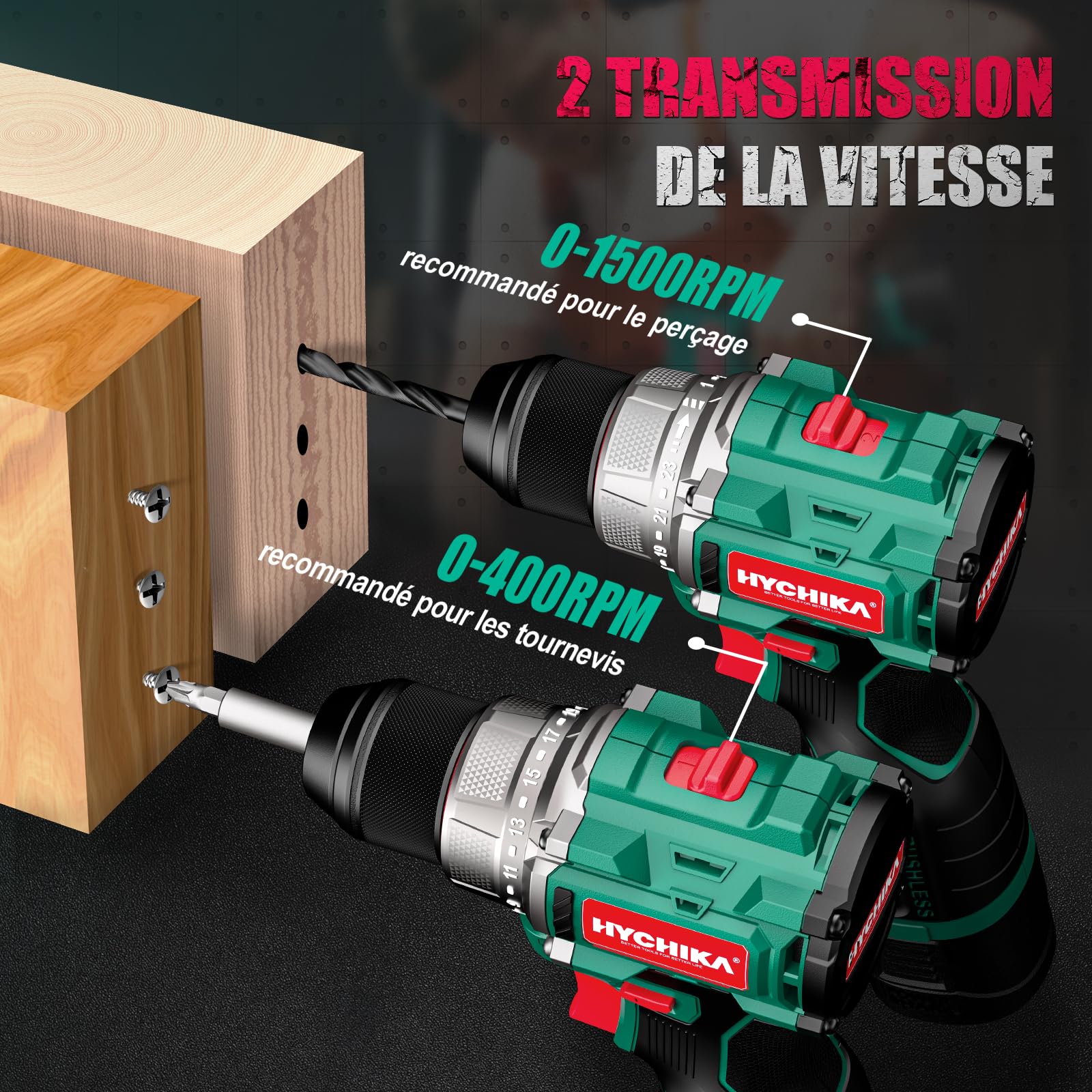 HYCHIKA Perceuse Visseuse sans Fil, 45Nm Max, 23+1 Niveaux de Couple, 2 Vitesses, 1500mAh, 53 Accessoires, pour Travaux de Bricolage Maison et Jardin