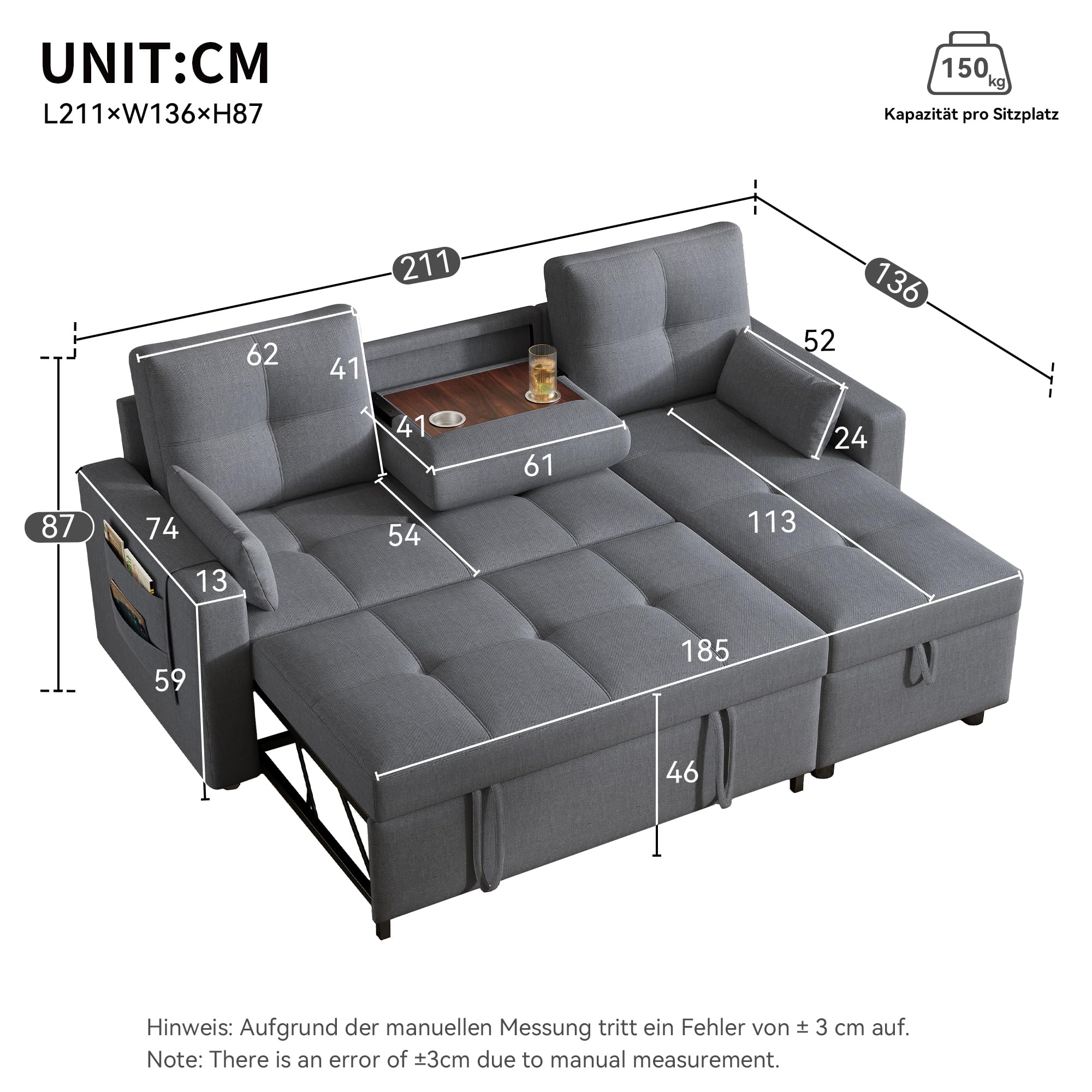 Divano angolare a L con funzione letto,Divano a 3 posti con letto estraibile e portabicchieri pieghevole,divano trasformabile con vano contenitore,tessuto di lino,per soggiorno,Grigio