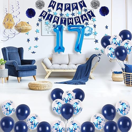 Miniatura 42 de Decoraciones de fiesta de cumpleaños azul número 16 para niños y niñas, suministros de globos de feliz cumpleaños 16 con pancarta de feliz