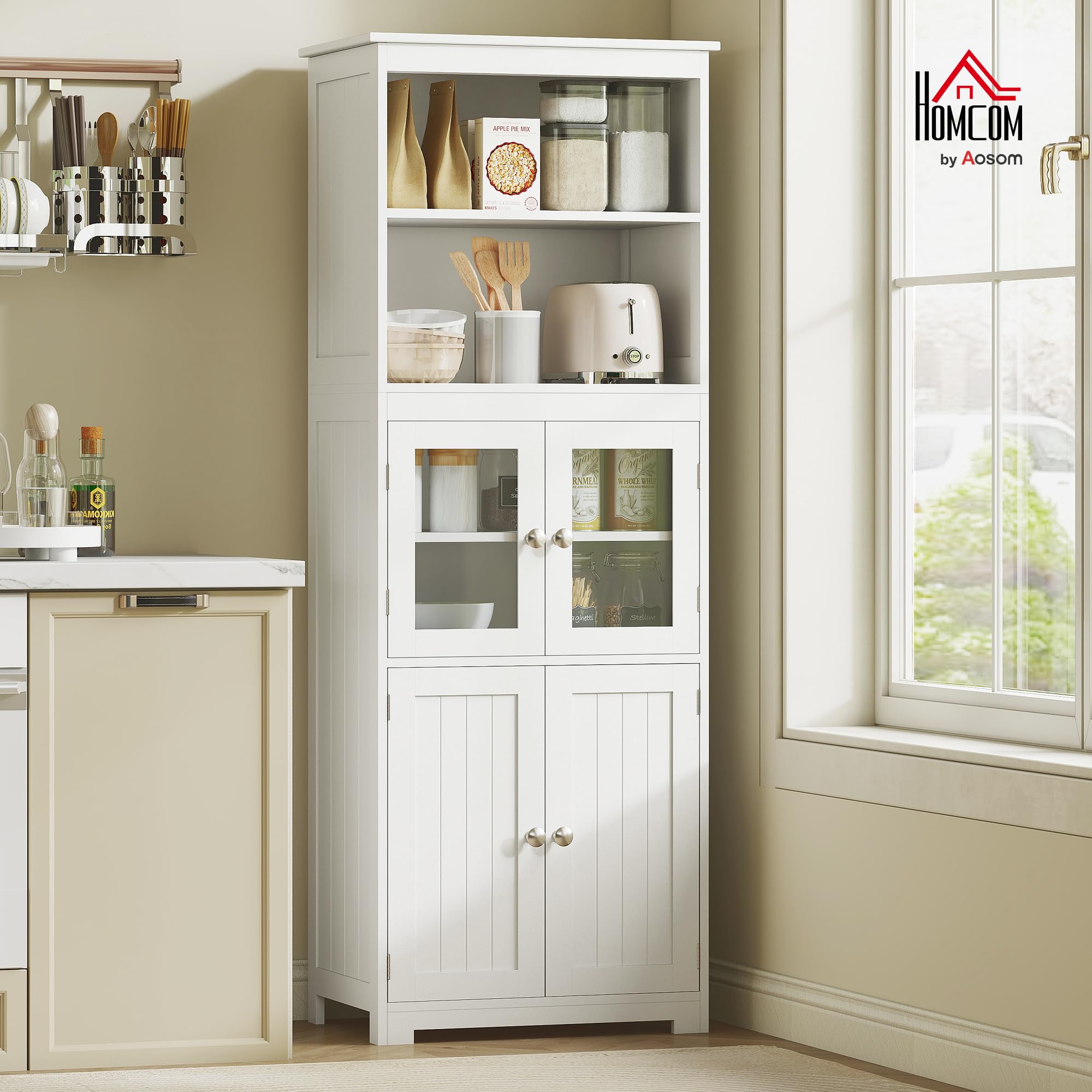 HOMCOM Credenza Cucina con 2 Ripiani Aperti e 2 Armadietti con Ante, Mobile Cucina in MDF e Vetro Temperato, 60x30x162 cm, Bianco