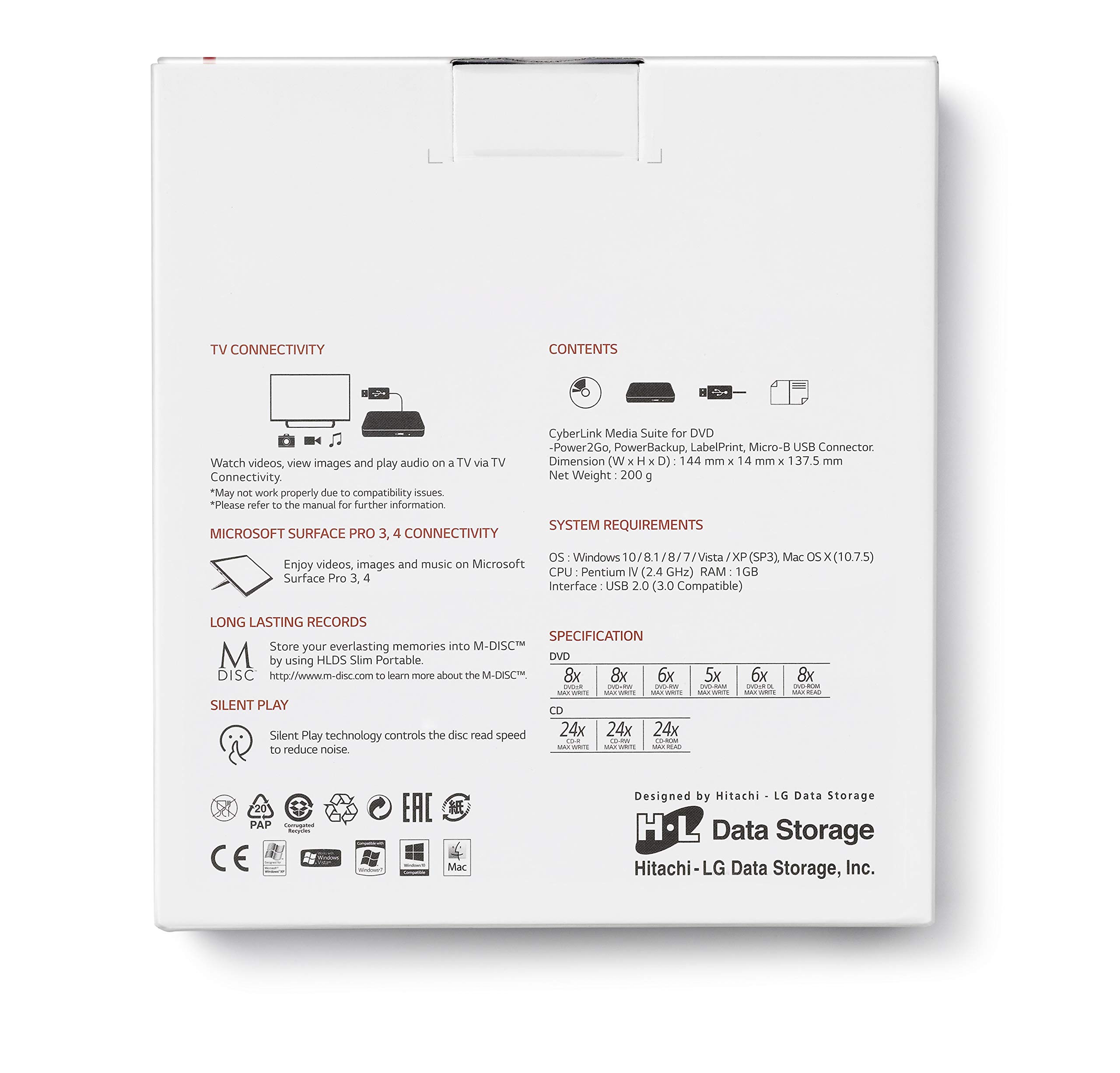 Hitachi-LG GP90NW70 External DVD Drive USB 2.0 Ultra Slim Portable DVD-RW CD ROM Rewriter for Laptop Desktop PC Windows and Mac OS with TV Connectivity - White