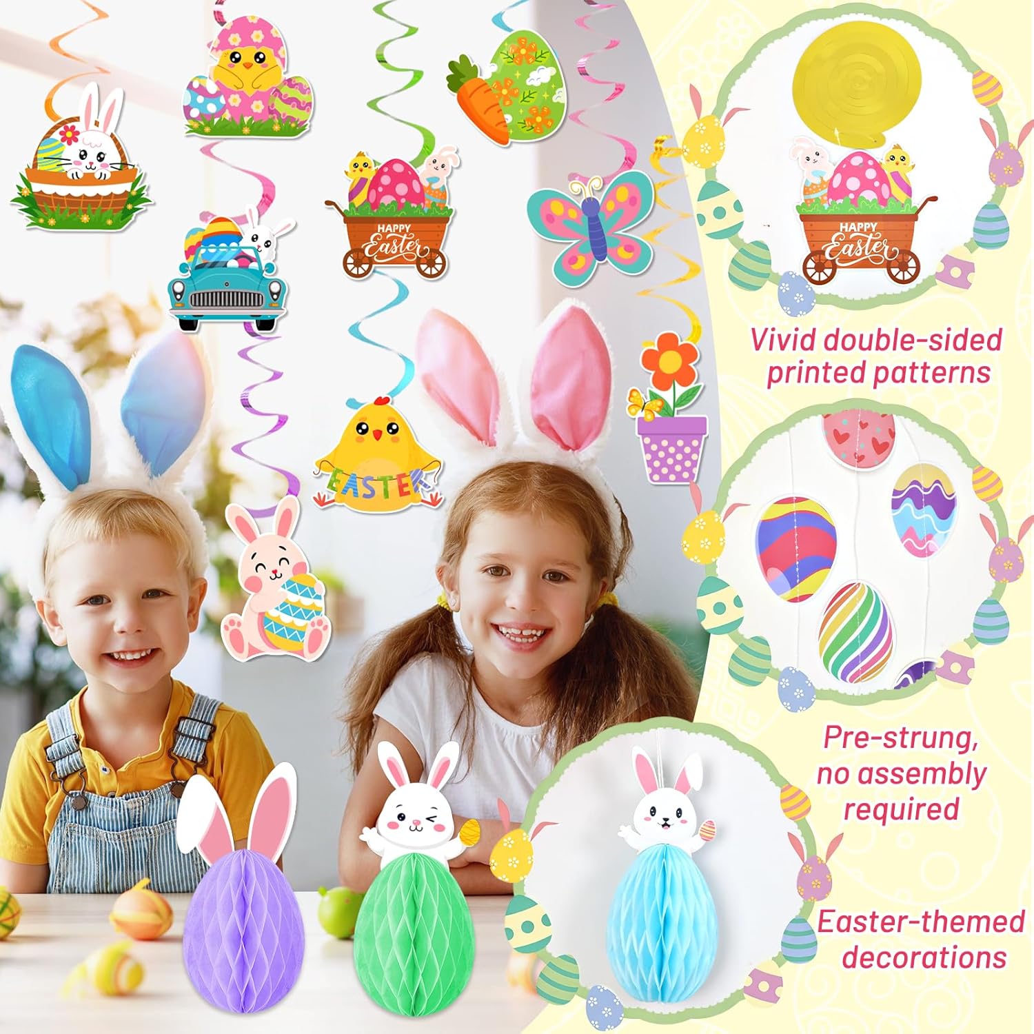 Easter Decorations for Home Easter Party Decorations Includes Happy Easter Banner Easter Garland Egg Bunny Easter Hanging Decorations Swirls Honeycomb Balls for Holiday Party Home Classroom Office