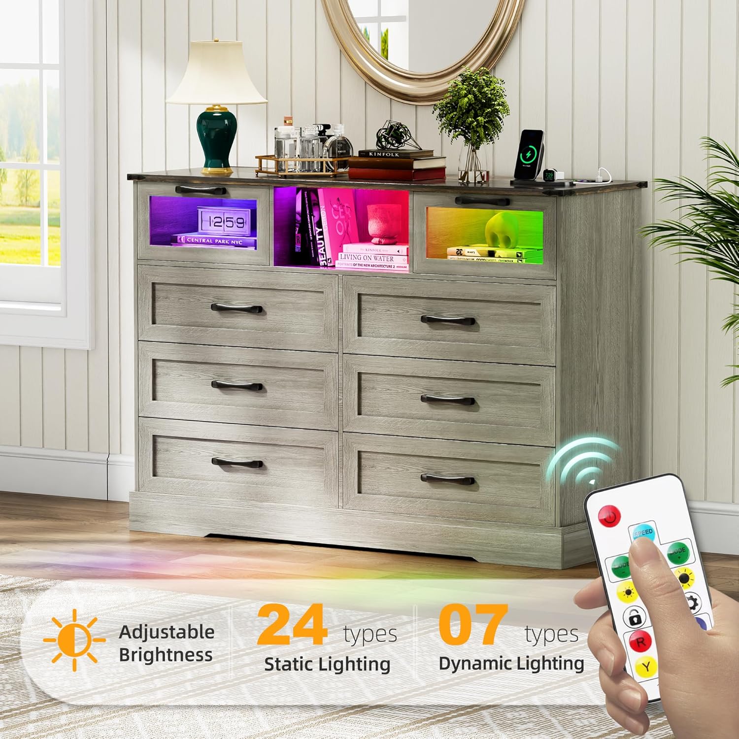 RGB 47.2" W Dresser with Charging Station,Dresser TV Stand with 24 Static and 7 Dynamic Lights,LED 8 Drawers Chest with USB-C,Acrylic Door,Modern Drawer Organizer for Bedroom,Hallway(Oak)