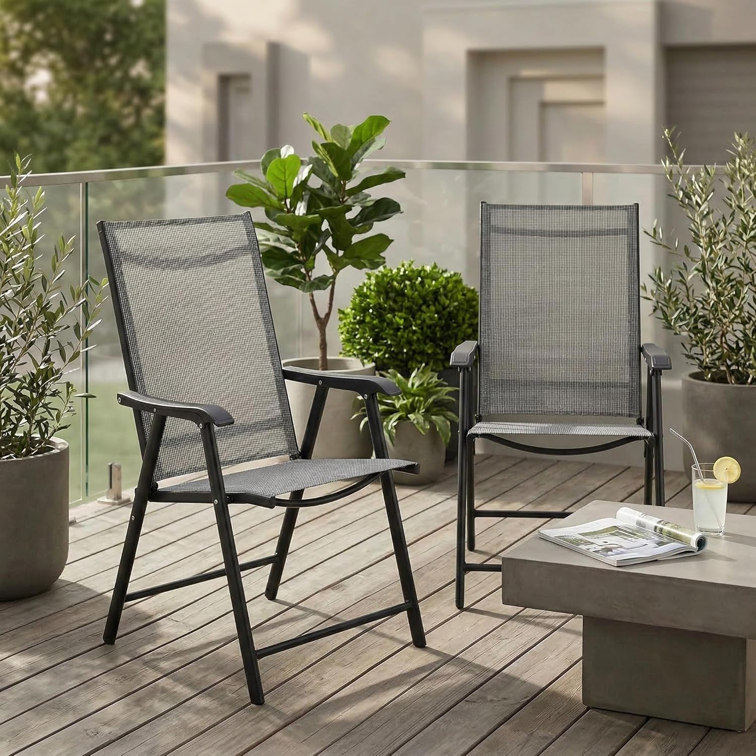 Folding Lawn Chairs，Outdoor Patio Dining Chairs w/Armrest， 2 Pack, Portable Dining Chairs for Porch Camping Pool Beach Deck Lawn Garden