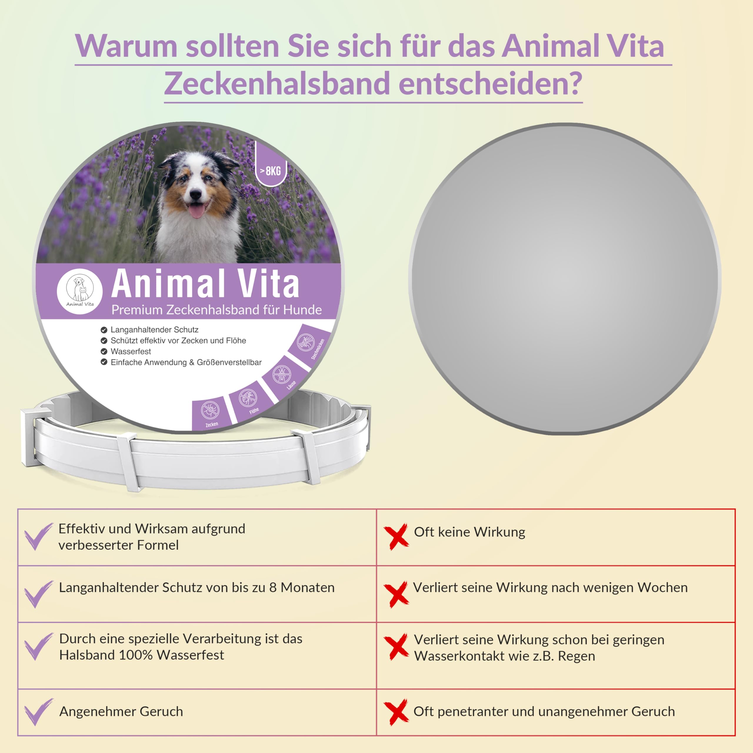 Animal Vita® Lavendel Zeckenhalsband für Hunde [Effektiver Schutz vor Ungeziefern] wasserdicht und verstellbar - bis zu 8 Monate Zeckenschutz mit 100% natürlichen Inhaltsstoffen, Lavendel