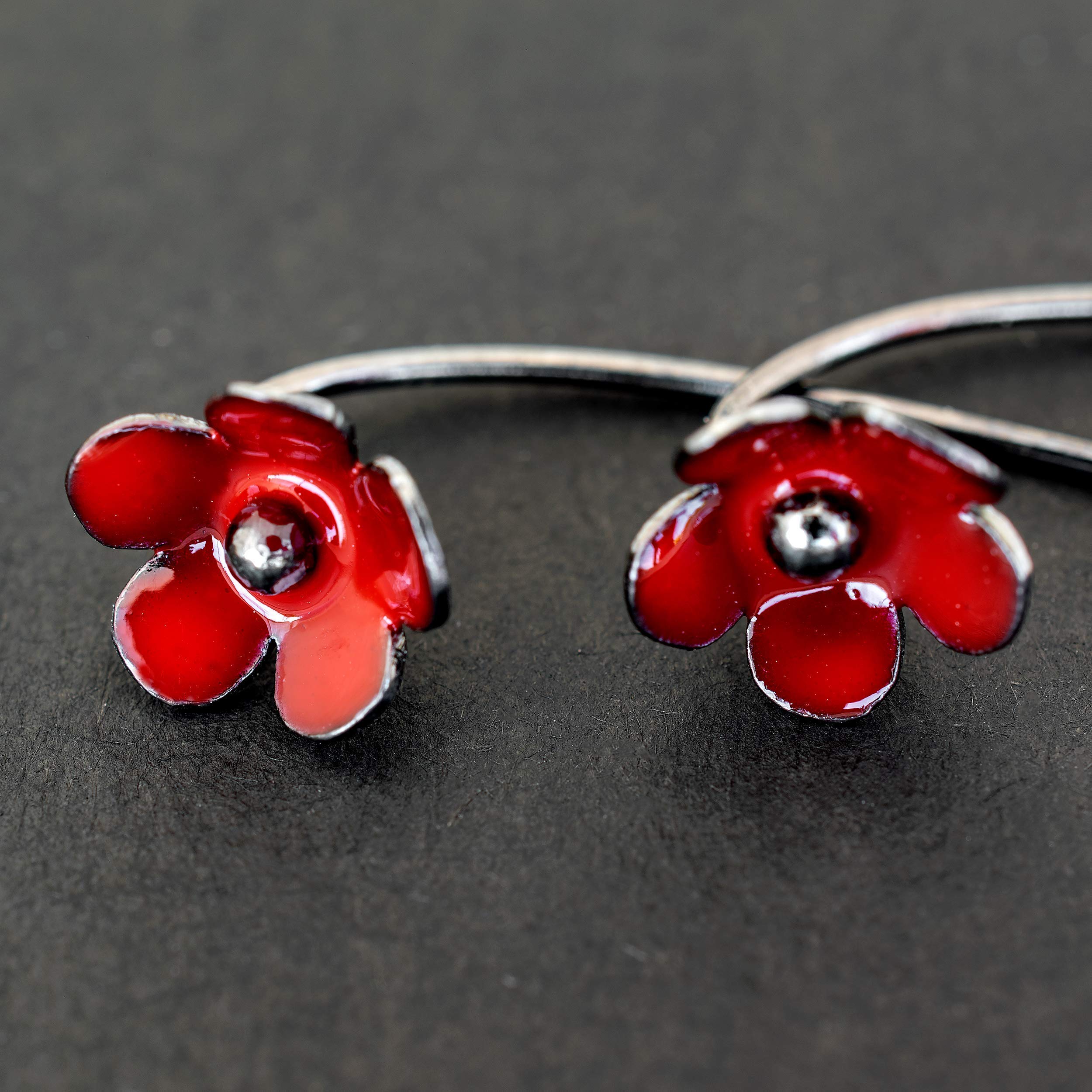 Lange Statement Ohrhänger Ohrringe aus 925 Sterlingsilber - Mohnblumen mit Roter Emaille - Nickelfrei & Hypoallergen - Handmade by Emmanuela
