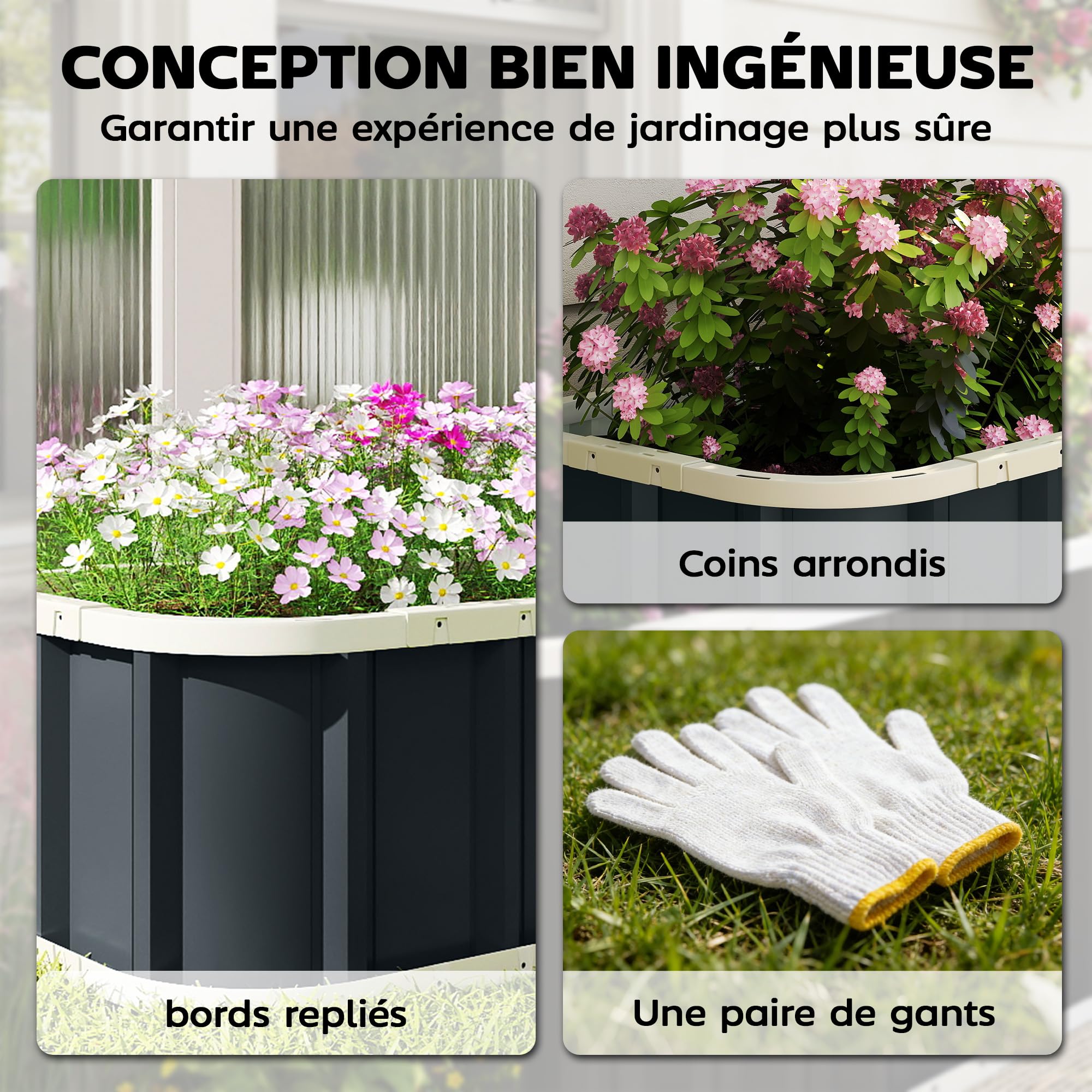 Outsunny Jardinière surélevée en Acier galvanisé, lit de Jardin avec Gants et Bords pliés, carré Potager de Jardin pour Fleurs, Herbes, légumes, 165 x 52 x 31 cm, Gris foncé