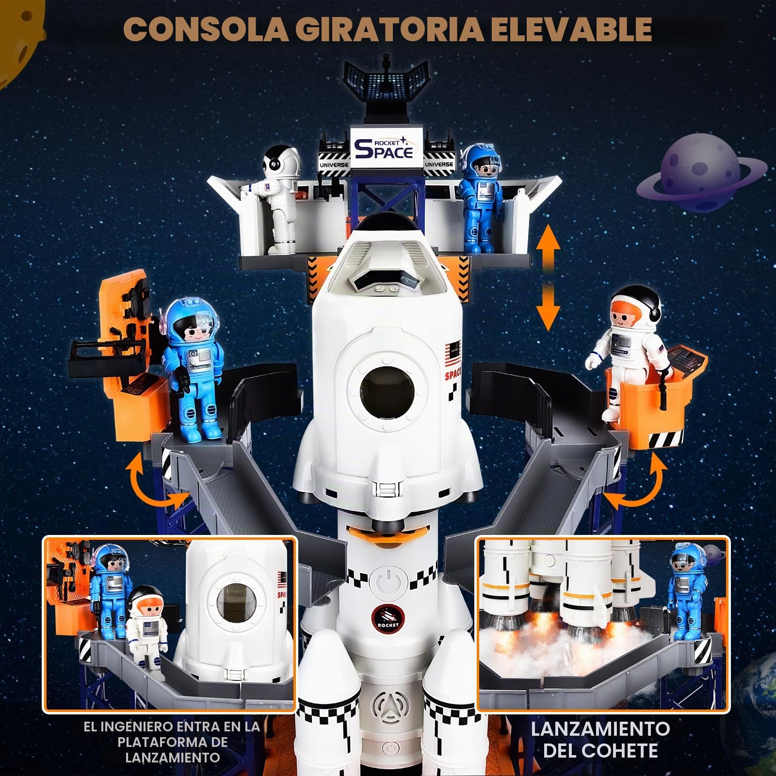 Herenear Cohete Espacial Juguete, Cohete Juguete para Niños- con Plataforma de Lanzamiento, Astronautas y Proyectores - Construye y Juega - Ejecución De La Misión A La Luna, A Partir de 6 Años