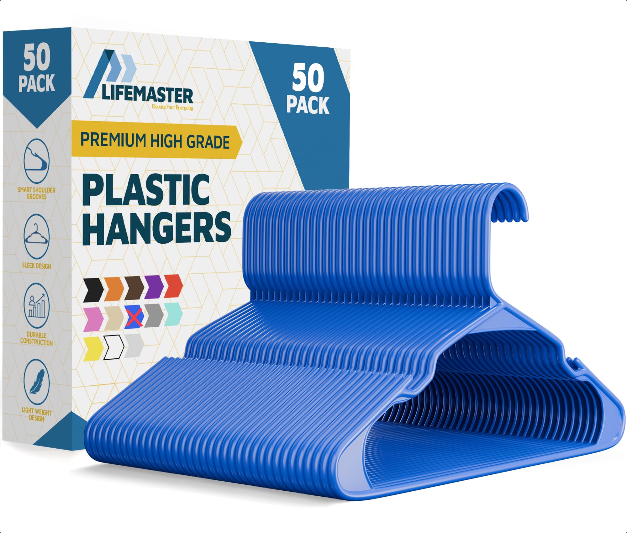 Lifemaster Kleiderbügel aus Kunststoff - Robustes Kleiderbügel-Set, zum Organisieren von Kleidung, Kleidern und Mantel, hält bis zu 2,3 kg, platzsparende Kleiderbügel mit rutschfesten Schulterrillen
