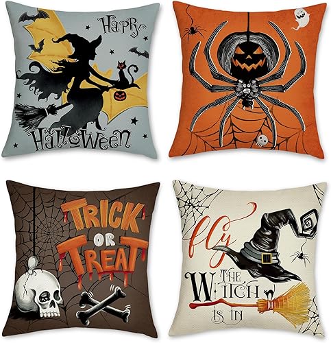 Bonhause Juego de 4 fundas de almohada de Halloween de 18 x 18 pulgadas, diseño de bruja y araña, cráneo, dulce o truco, almohadas decorativas para