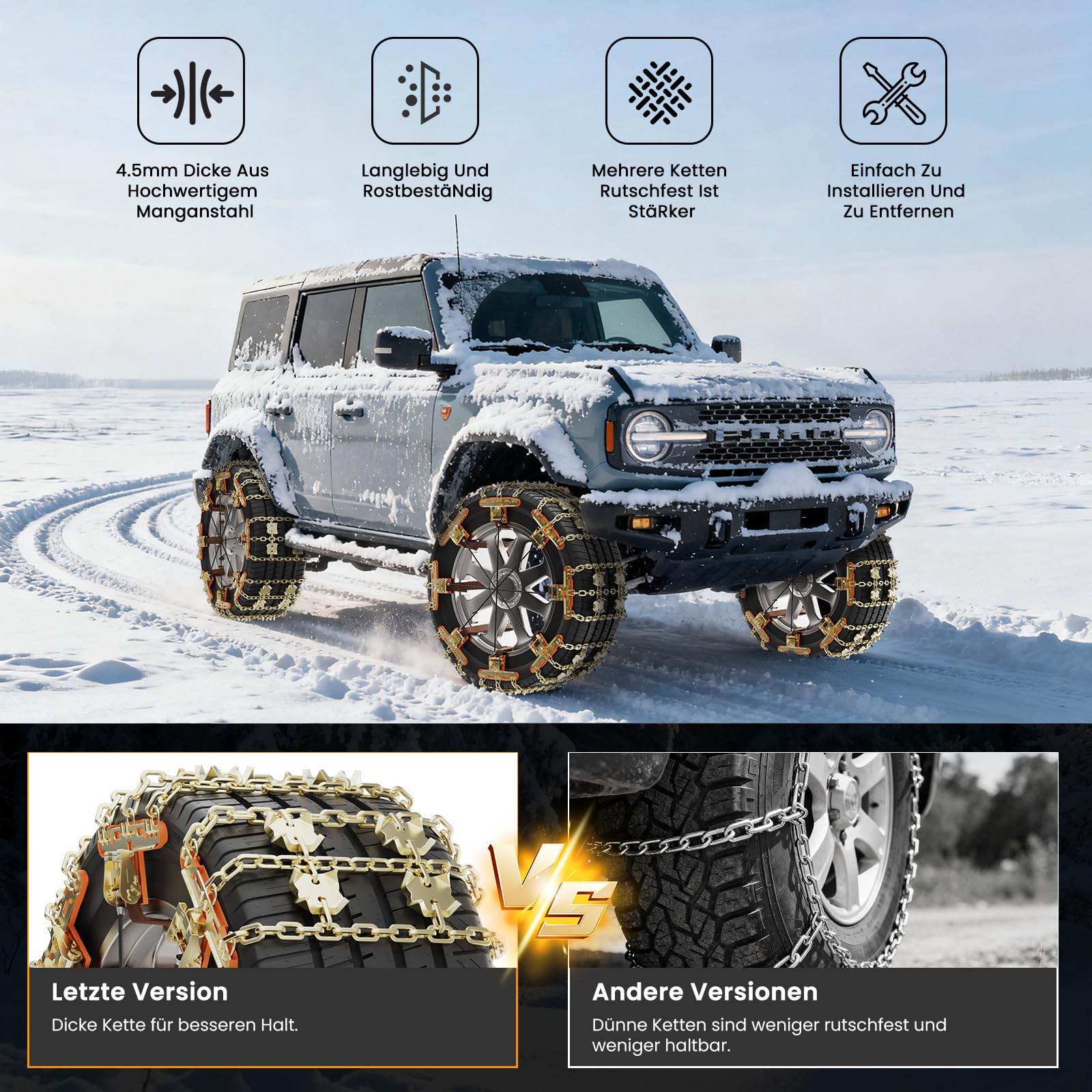 MOONCOOL Uniwersalne łańcuchy śniegowe do opon samochodowych 215-285 mm szerokości, przyczepne, odporne na zużycie, łańcuchy śniegowe, szybki montaż, z rękawiczkami i torbą do przechowywania, do