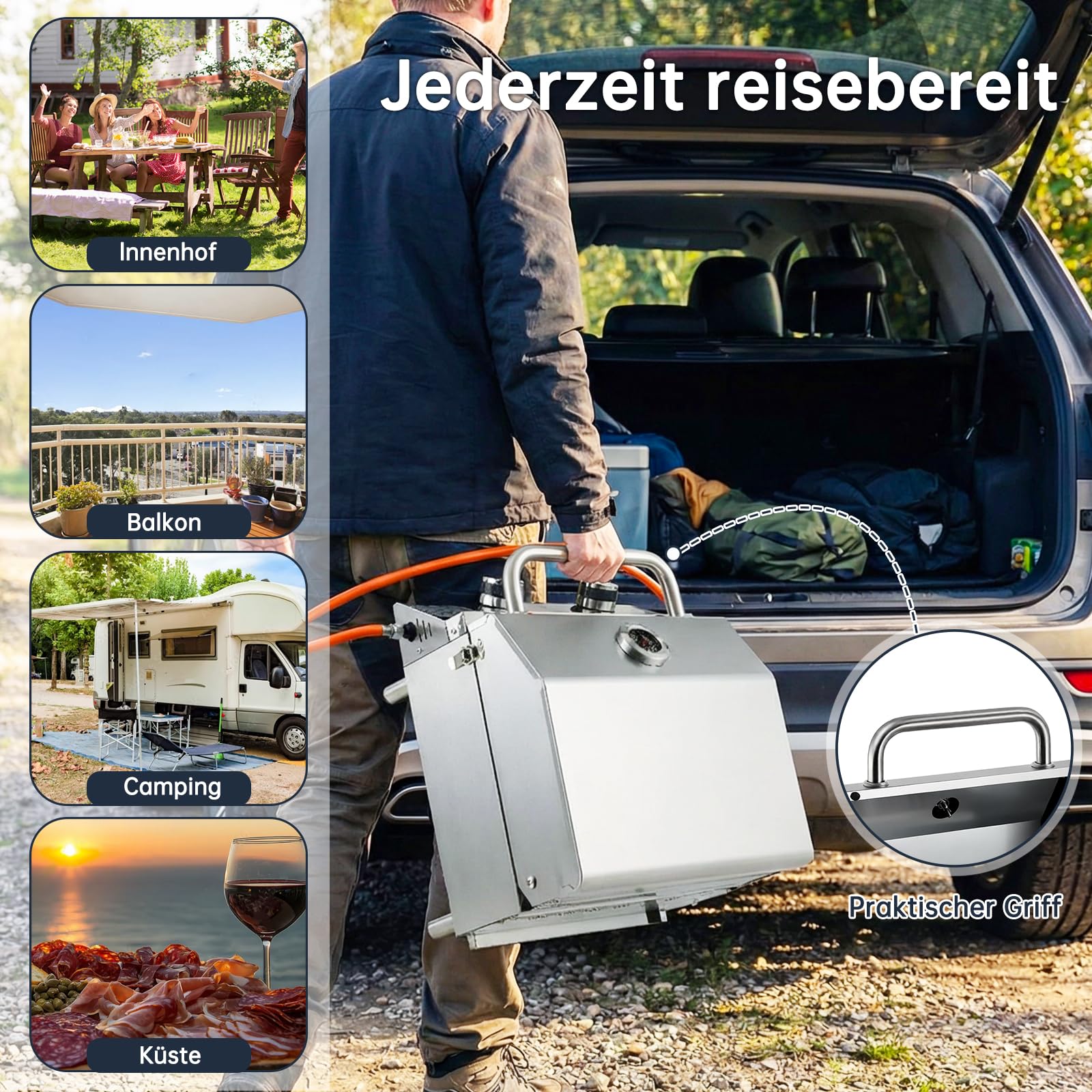 TLSUNNY Mały grill gazowy, 2 palniki, przenośny grill gazowy ze stali nierdzewnej, kompaktowy grill stołowy z rusztem do grillowania, termometrem, kempingowy grill stołowy do grilla, na balkon, do