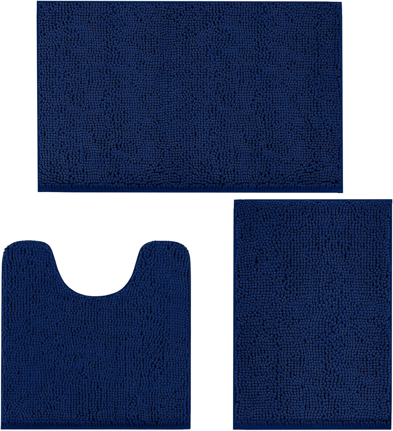 TREETONE Bathroom Rugs Sets, Thick Soft Absorbent 3 Piece Chenille Bath Rugs, Non-Slip, Dry Quickly, Machine Washable, Shaggy Mats with U-Shaped Toilet Rug for Bath Floor, Tub and Shower, Navy Blue