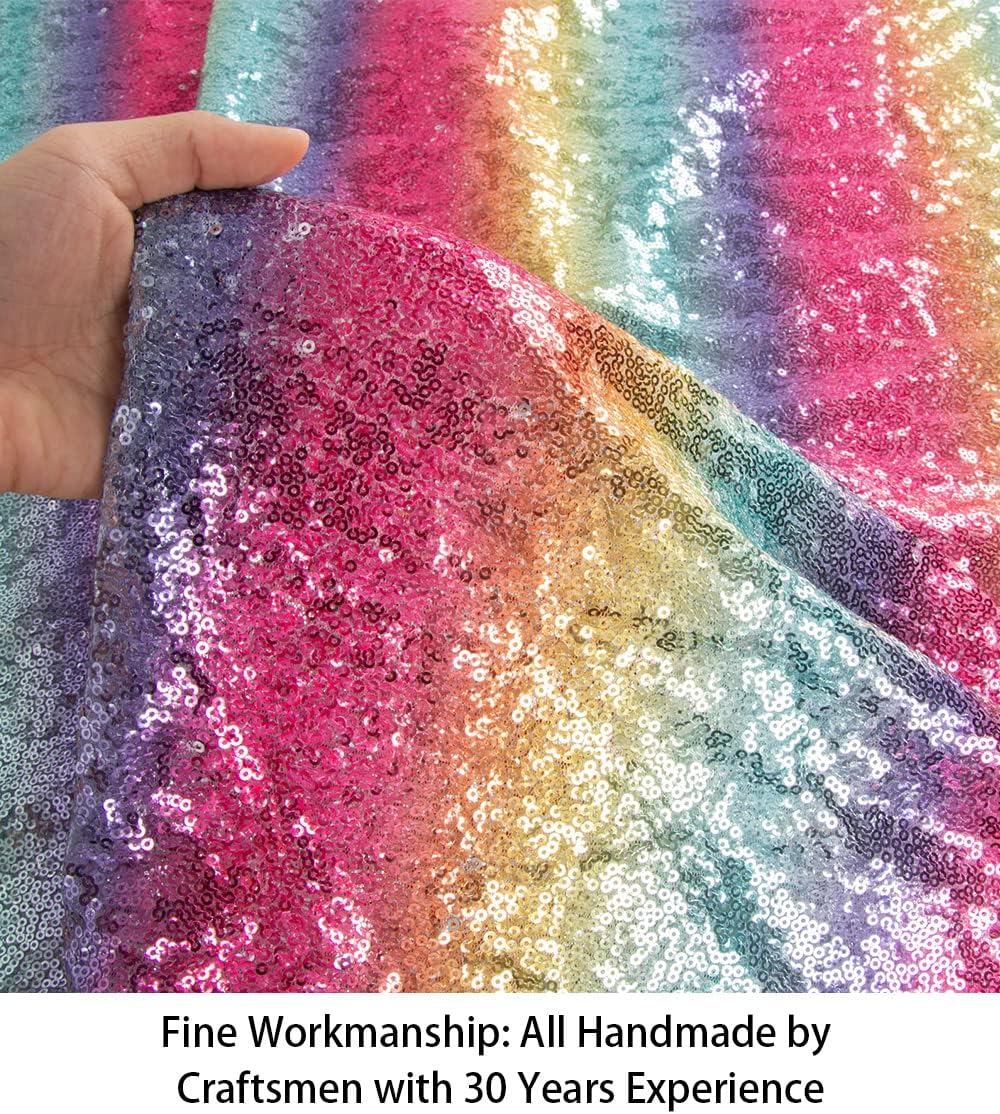 ShinyBeauty Rainbow Sequin Fabric 5 Yards - Colorful Mesh for Making Dress, Pillow Cover, Table Decor, Squares, Sparkle DIY, Party Decor