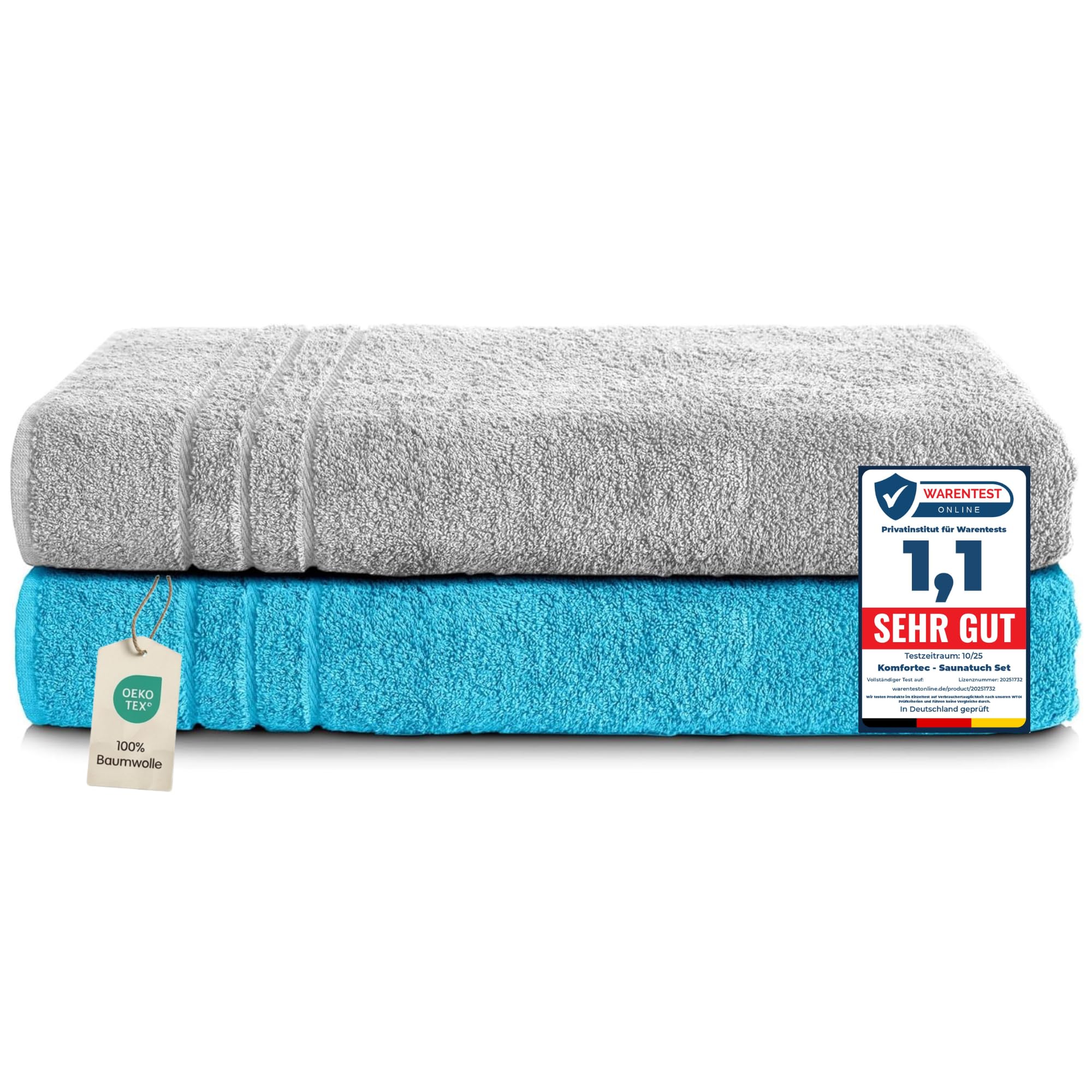 Komfortec 2er Saunahandtuch Set 80x200 cm, Große Saunatücher aus 100% Baumwolle, Sauna Handtücher, Flauschig und Saugstark, Schnelltrocknend, Hellgrau/Türkis