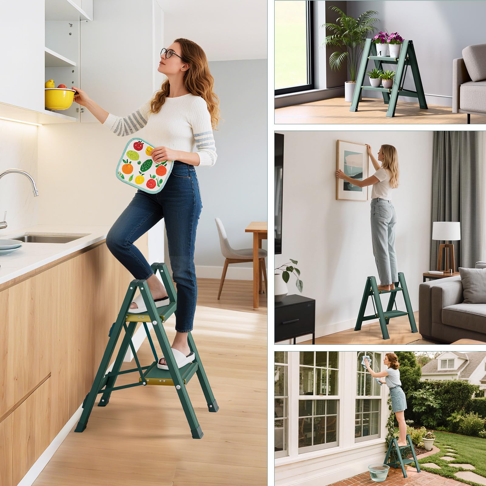 KULACO Escabeau 2 marches pliable, capacité 150 kg avec larges pédales antidérapantes, échelle pliante en aluminium, échelle multifonctionnelle pour la maison, la garde-manger, intérieur et extérieur