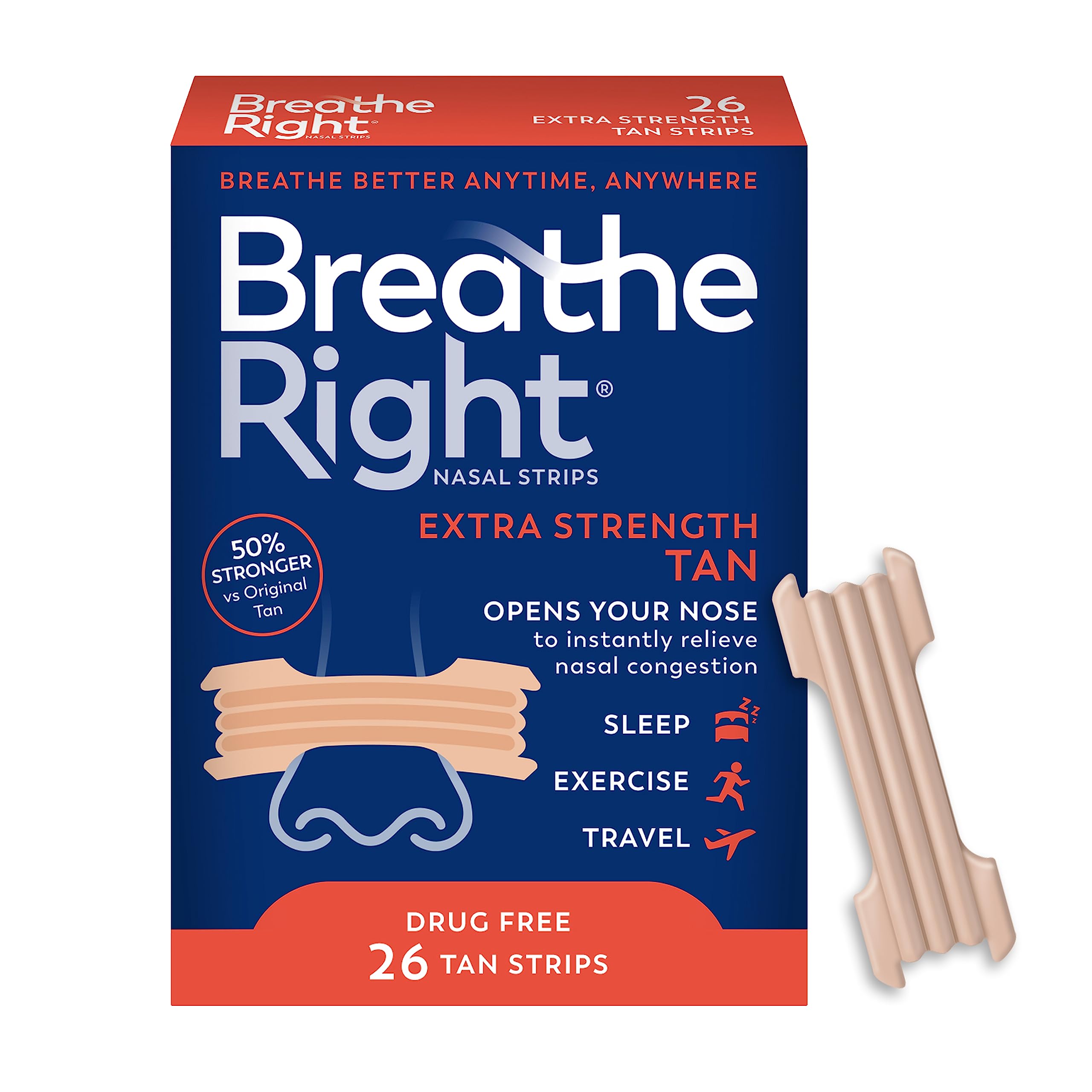 breathe right nasal strips extra strength tan nasal strips help stop snoring drug-free snoring solution amp instant nasal congestion relief caused by colds amp allergies 26ct