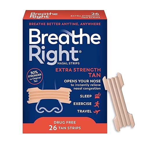 Breathe Right Nasal Strips Extra Strength Tan Nasal Strips Help Stop Snoring Drug-Free Snoring Solution & Instant Nasal Congestion Relief Caused by Colds & Allergies 26ct
