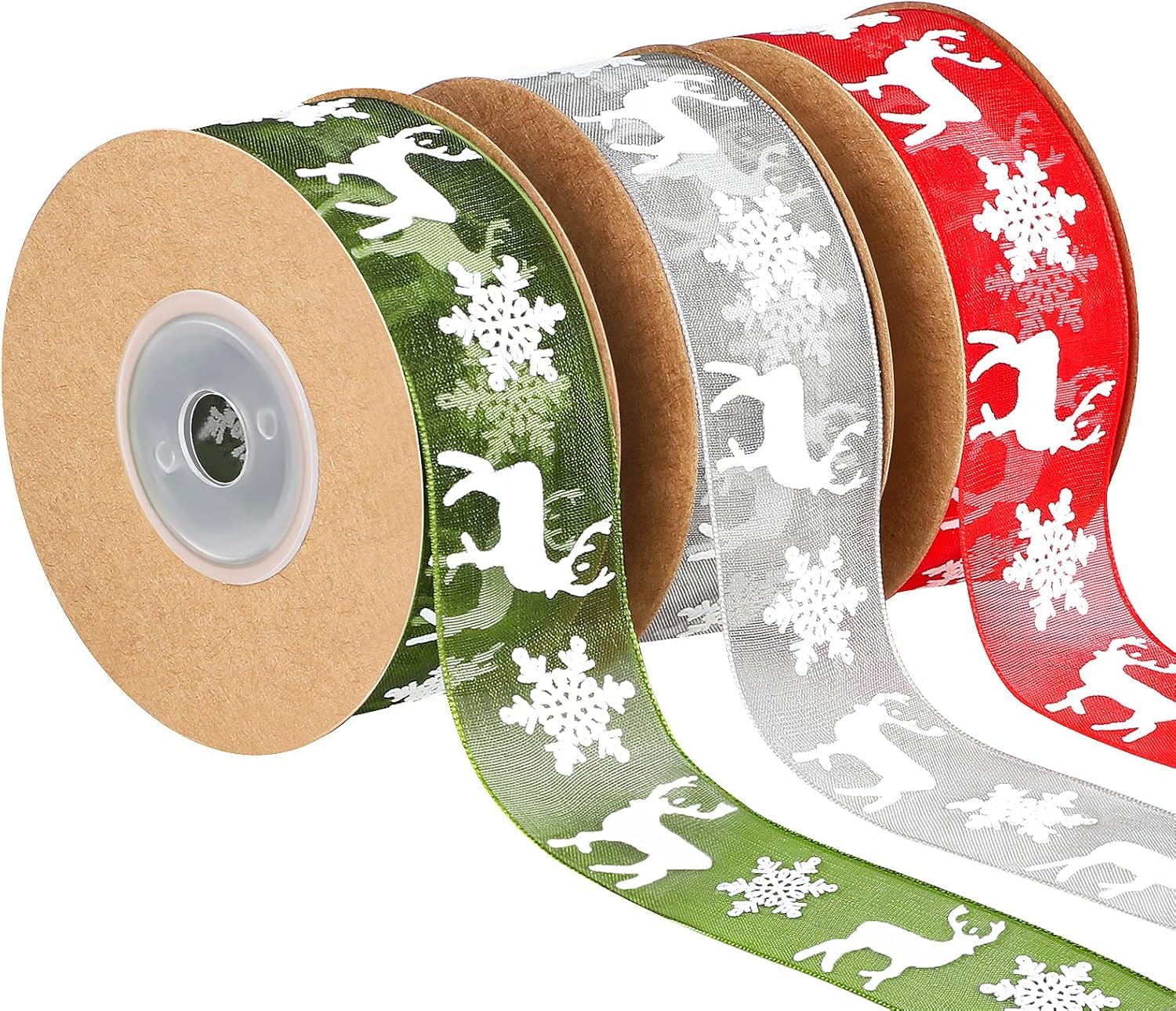 3 Rolls 30 M Christmas Ribbon Gift Wrapping Ribbons Organza Ribbon Xmas Theme with Snowflake Elk in 3 Colors for Gift Wrapping, 25mm Wide