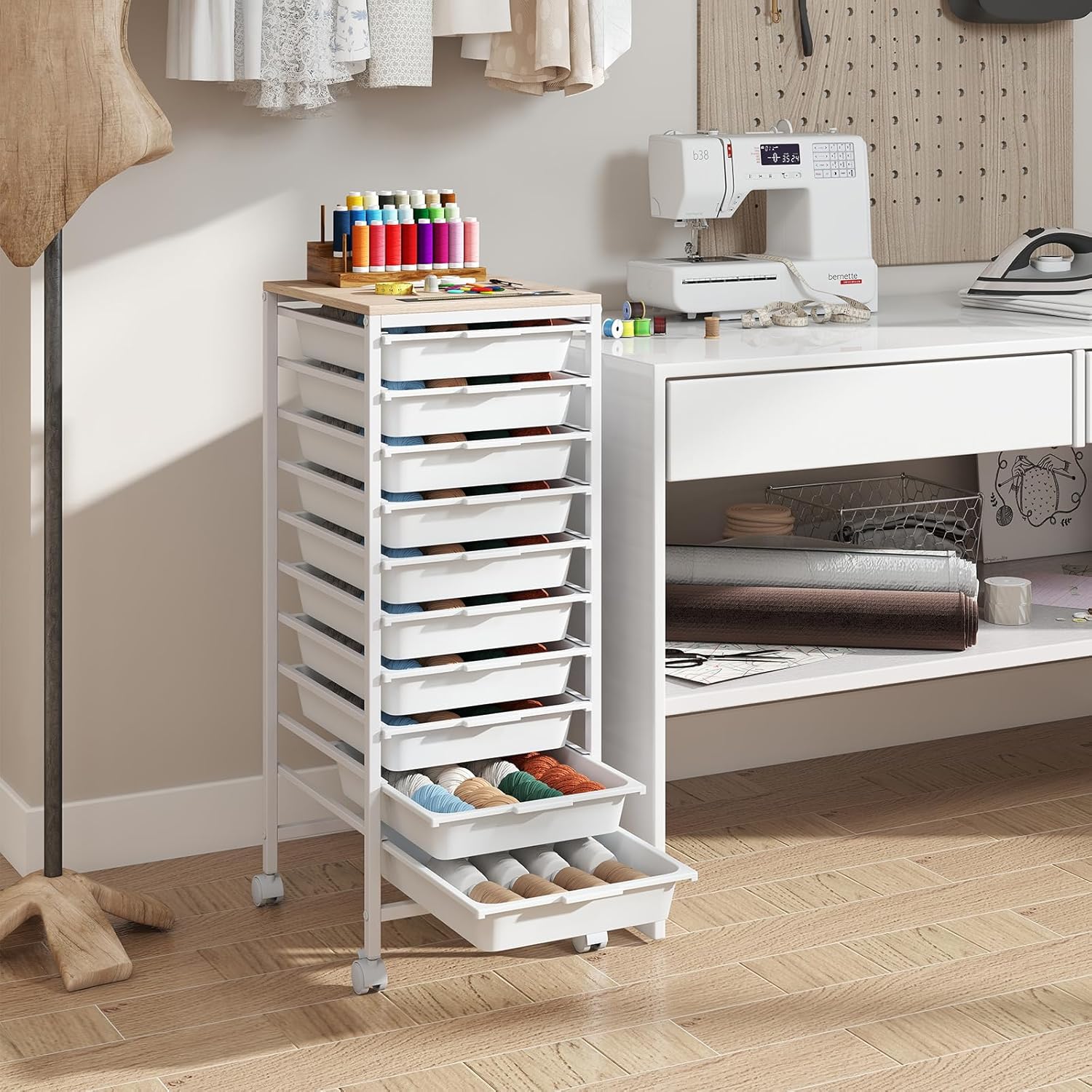 Giantex Rolling Storage Cart with 10 Drawers, Utility Cart w/Wooden Tabletop, Lockable Wheels, Multipurpose Organizer for Art Craft Books Paper, Drawer Carts for Dorm Classroom Office, White