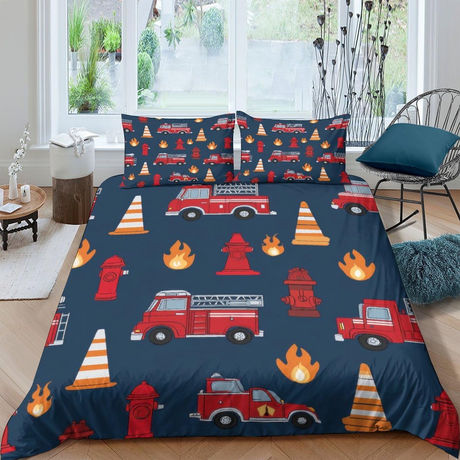 Ctjqhvkz Style-1 3D Printed Fire Truck Fitted Sheet Microfiber Soft Navy Flame Hydrant Mattress Cover Anti-Slip For Bedroom Dorm Decor Single（135X200cm）