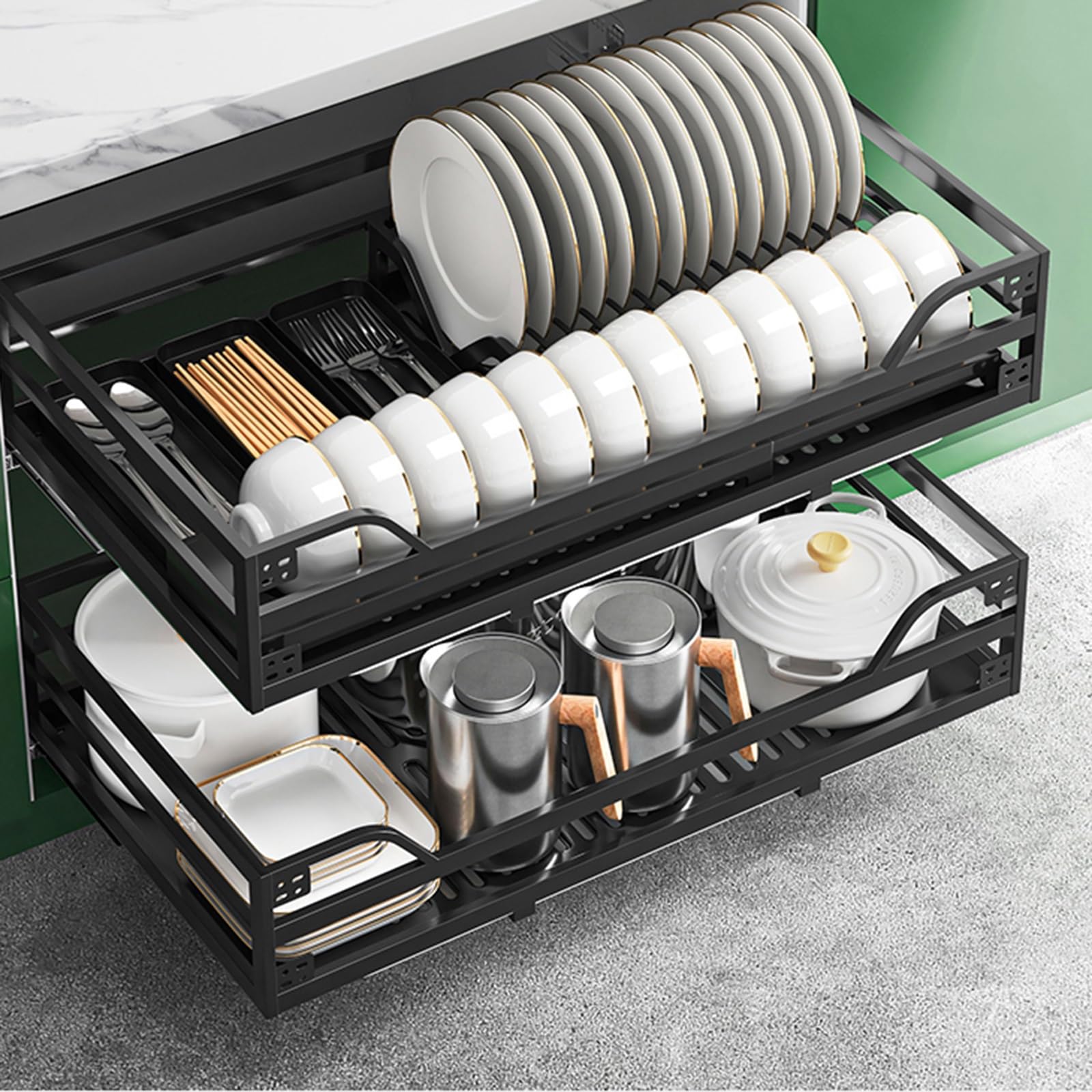 ToeWoe Ausziehbare Schubladenablagefachböden Großer Edelstahl-Ausziehschrank-Organizer 2-stufiges Küchenschrank-Schieberegal für Geschirr, Schüsseln, Besteck, Schwarz(for 23.6in Cabinet)