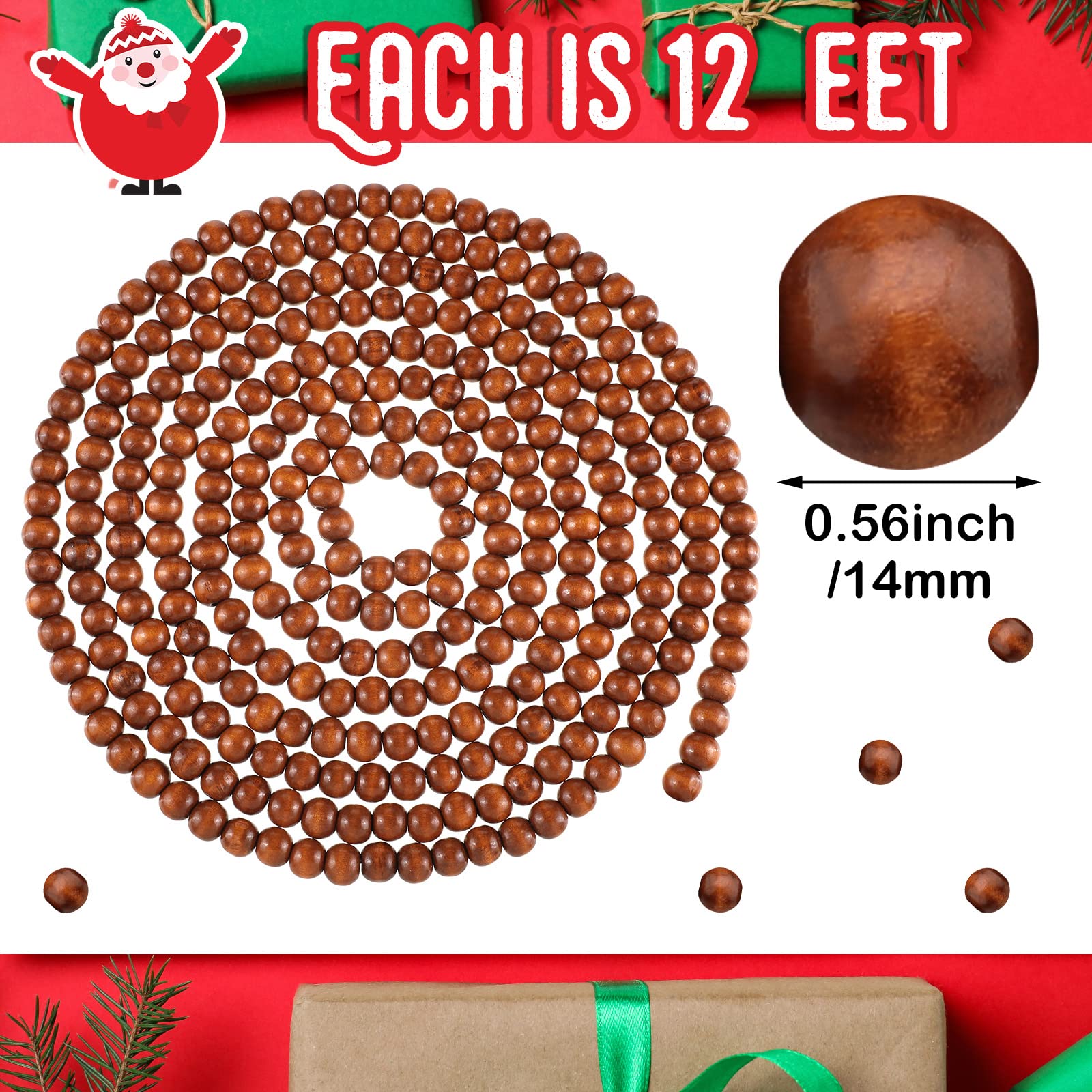 Giegxin Lot de 4 guirlandes de perles de Noël en bois - Décoration rustique pour sapin de Noël - Décoration de table de ferme - Décoration murale bohème pour cadeaux de Noël - 12,4 m (couleur café)
