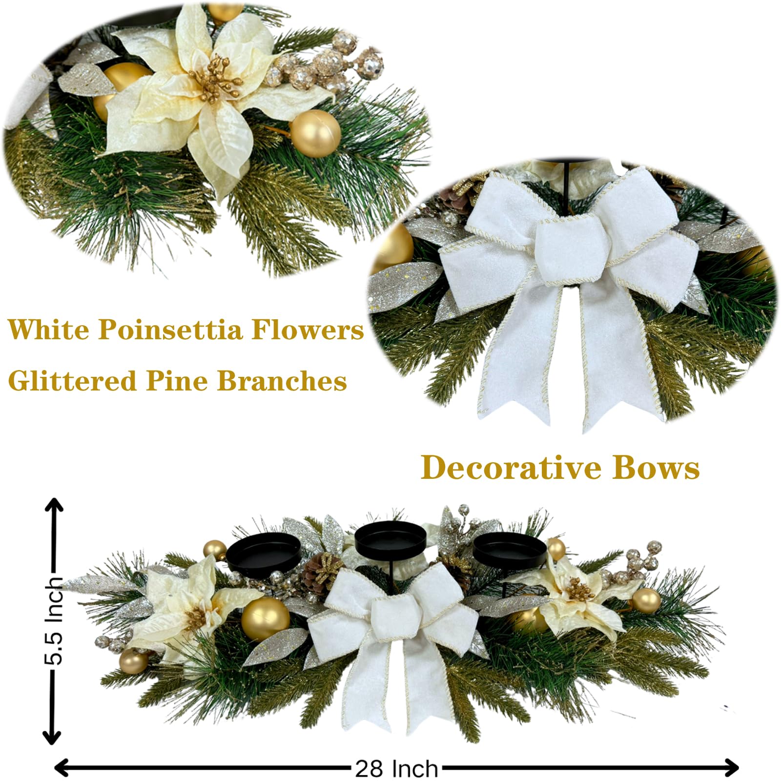 Svndlyn Portavelas de Navidad, centro de mesa de Navidad, 3 portavelas con flores de Pascua blancas, lazo decorativo con purpurina y ramas de pino, piñas para centro de mesa, decoración navideña