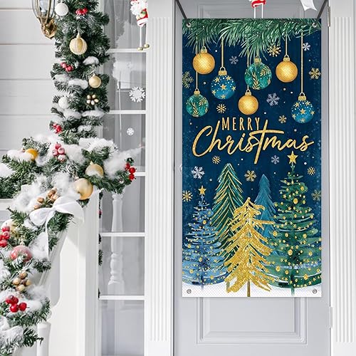 Miniatura 5 de Decoración para puerta de pinos de Feliz Navidad, adornos de bolas de Navidad, copos de nieve, pancarta de puerta delantera, fiesta de invierno para
