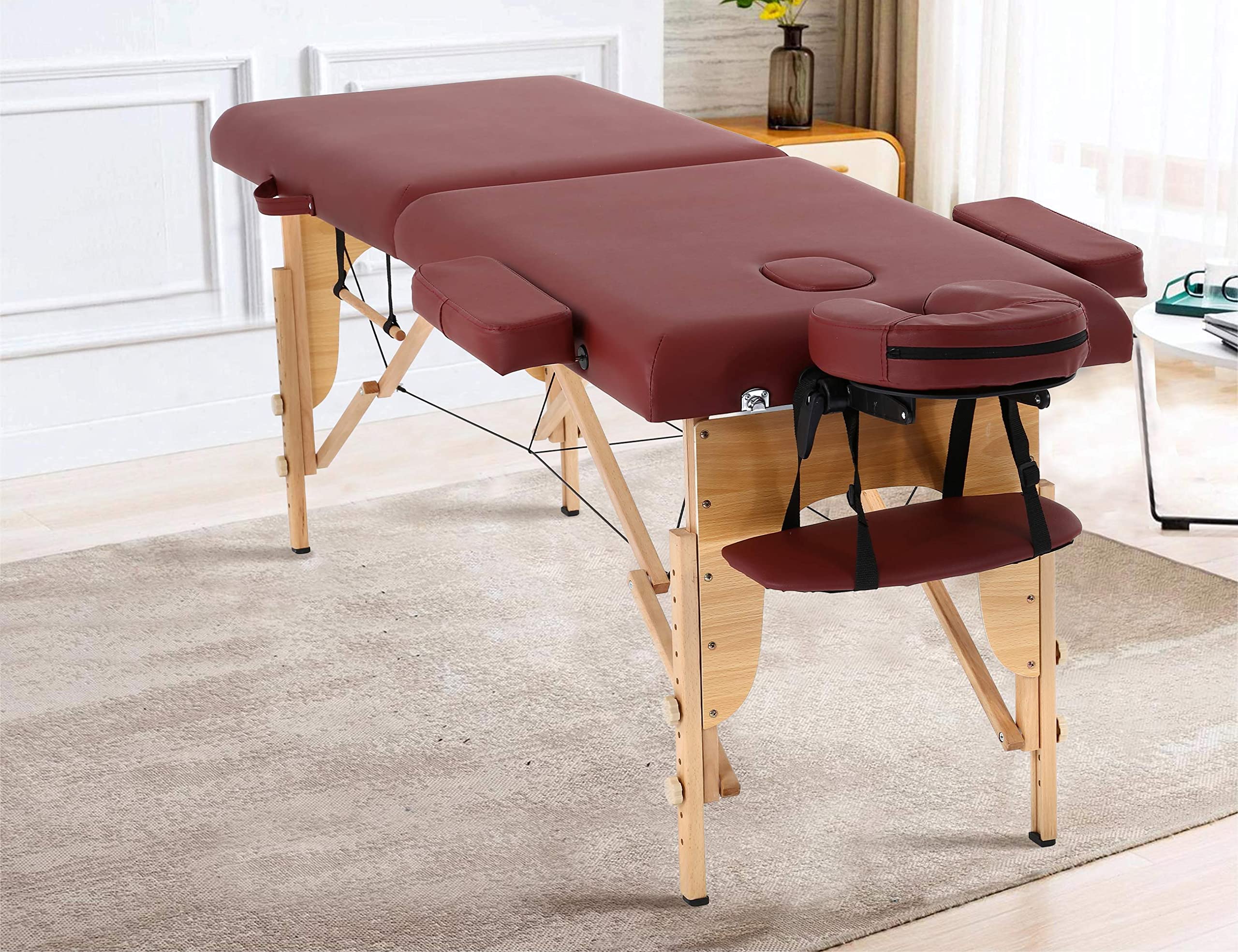BURGUNDY Portable Folding Massage Table, Height Adjustable, Tattoo Bed with Carrying Case