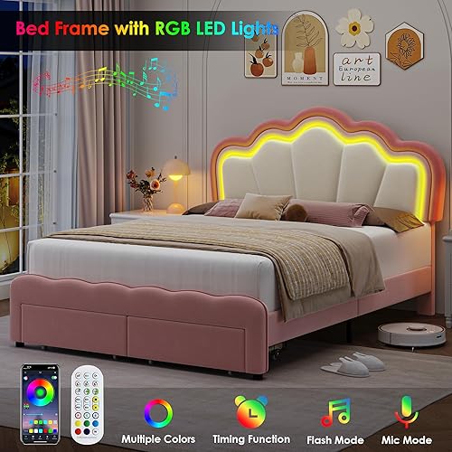 Miniatura 6 de HOSTACK Base de cama LED tapizada tamaño Queen con cajones de almacenamiento, bonita cama para niñas con cabecera de loto ajustable, marco de cama