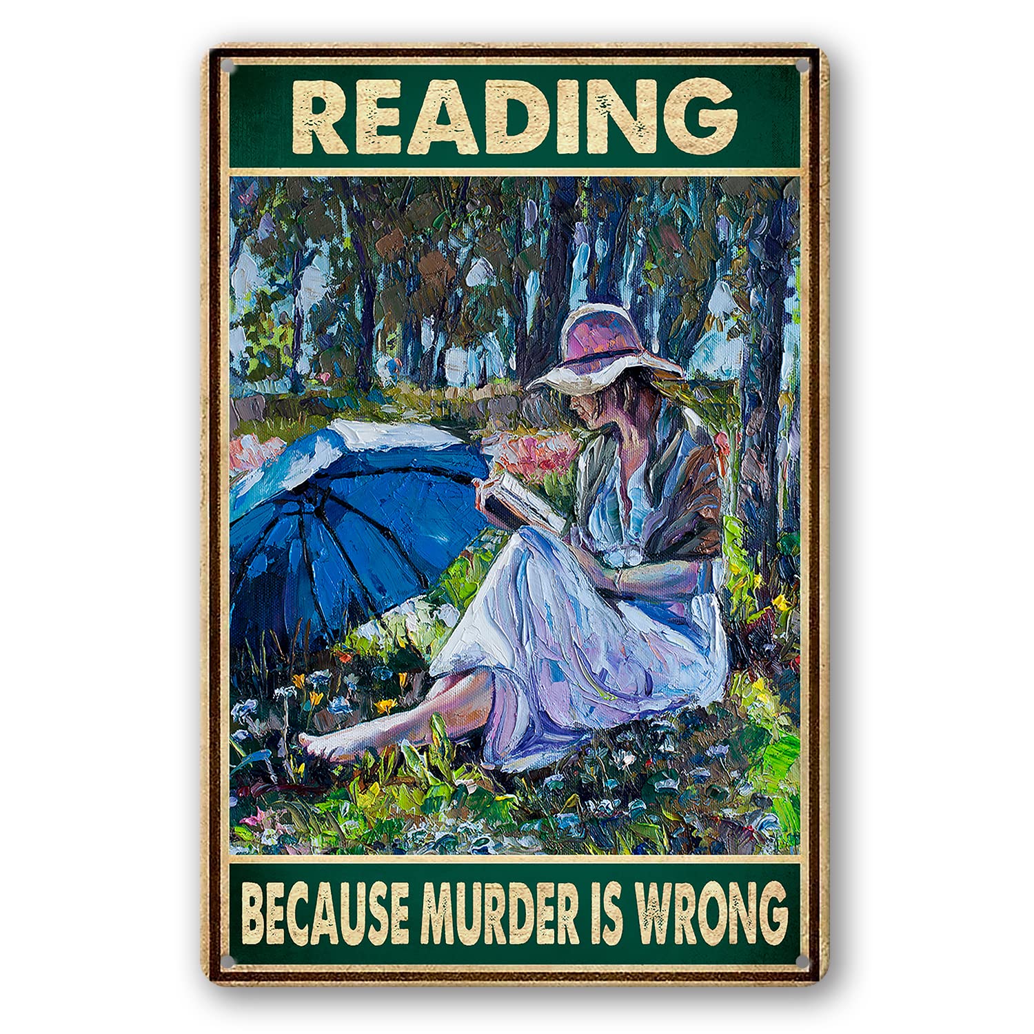 LOVEJIAReading Because Murder Is Wrong Sign Metal Tin Signs, Vintage Lady Reading Book Under Tree Art Poster Plaque Kitchen Home Wall Decor Bedroom Living Room Decoration 8x12 Inch TPM-59