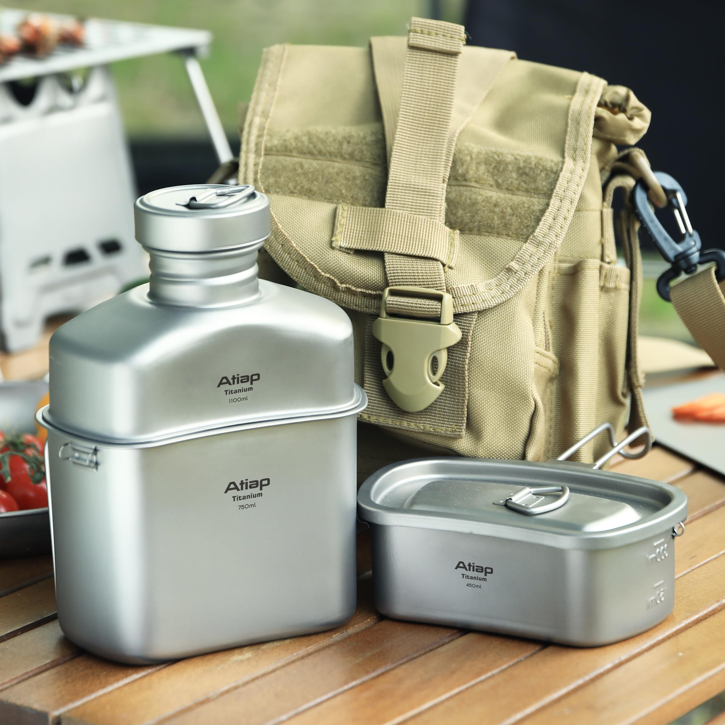 Titanium Canteen zestaw bałaganu z dzbankiem na butelkę wody, ultralekki przenośny garnek 1100 ml z kubkami 750 ml i 400 ml do układania w stos na świeżym powietrzu kemping piesze wycieczki