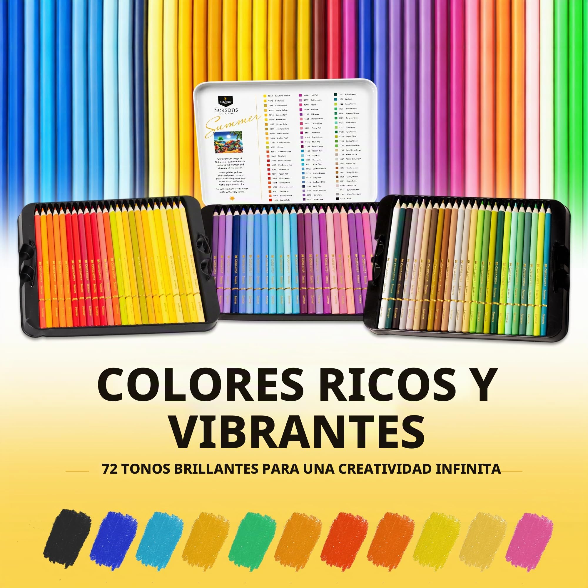 Castle Art Supplies Juego de 72 lápices de colores de verano | Lápices a base de cera con núcleos suaves y lisos | Paleta inspirada en el verano para artistas adultos | Organizado en lata de