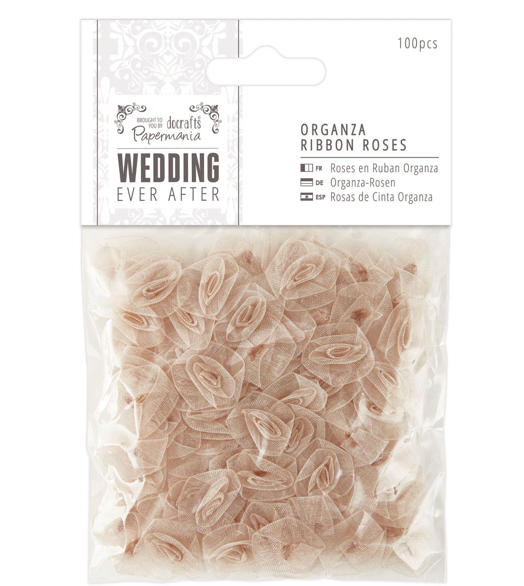 Papermania 100-Piece Organza Ribbon Roses Wedding, Antique Gold