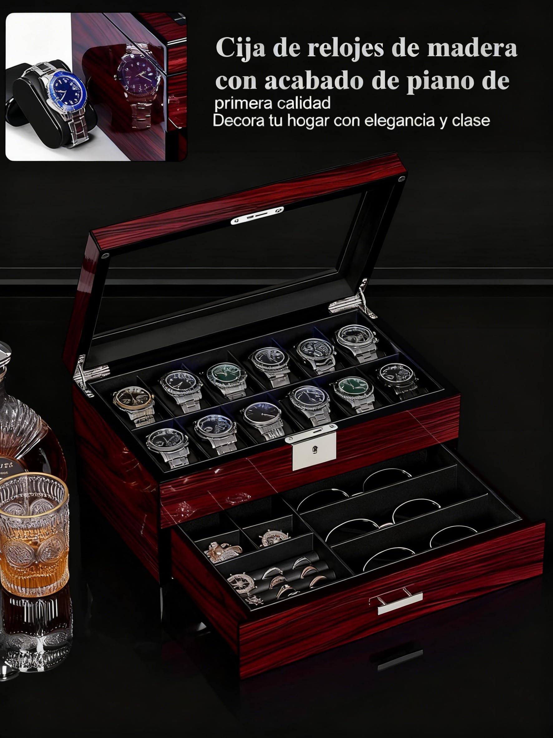 ANWBROAD Caja de reloj de 12 ranuras para hombre con tapa de cristal grande, 2 niveles, organizador de relojes con cerradura, organizador de relojes de lujo para regalo JWB003Y