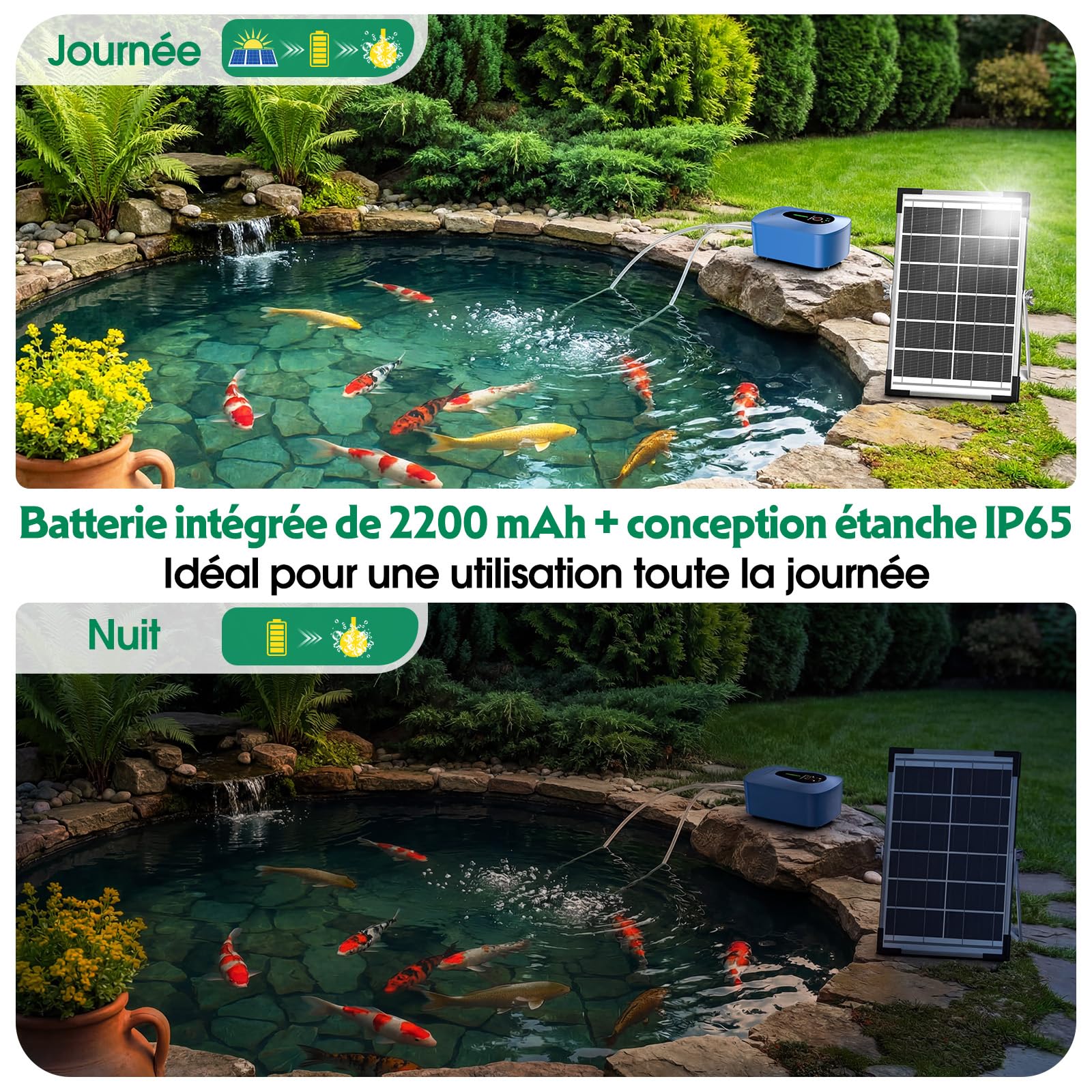 AMZtime 8 W Pompe à oxygène à Double Pompe, Pompe à oxygène Solaire avec Batterie, 3 Modes et 4 Pierres à Bulles, adaptée aux bassins de Jardin, à la pêche et à la Culture hydroponique