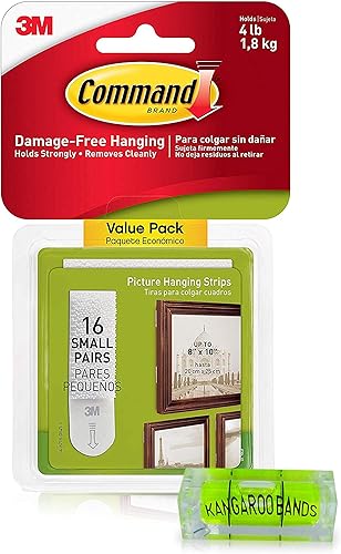 Kit para colgar cuadros | Tiras para colgar cuadros pequeños y nivelador | 16 pares | Perfecto para colgar marcos pequeños, fotos, fotos, carteles