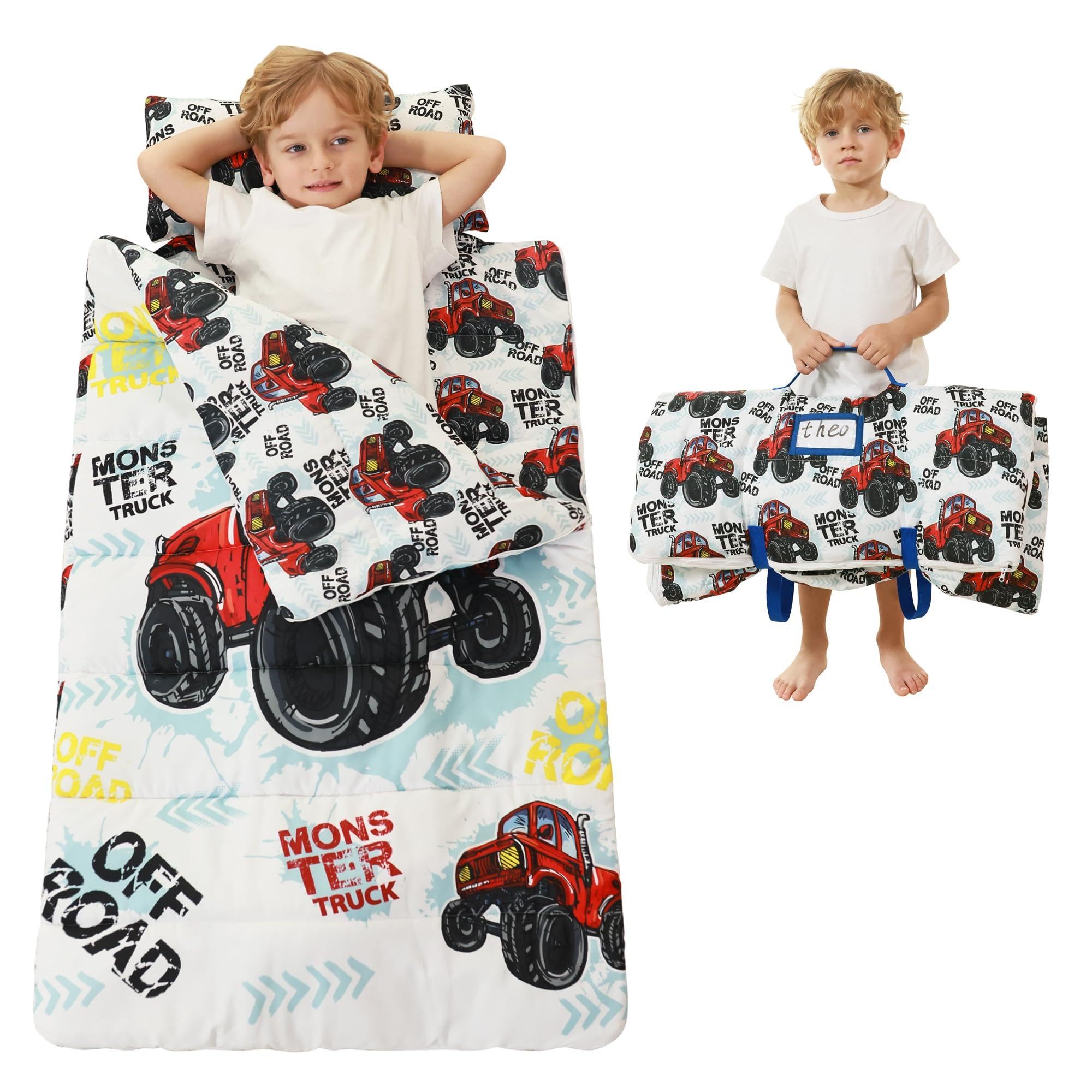 Toddler Nap Mat for Preschool 50''x30'' Sleeping Mat with Removable Pillow and Minky Blanket for Kids Ages 3-7 Roll Up Soft Sleeping Bag for Boys Girls Kindergarten Daycare Sleepover