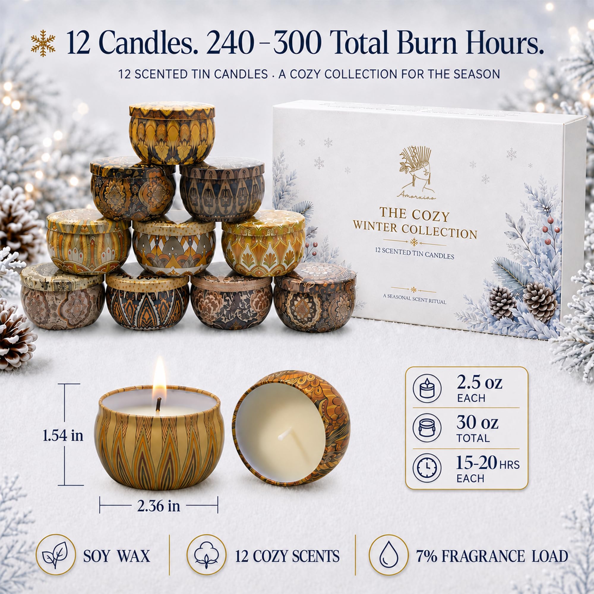 Set regalo di candele invernali, 12 candele profumate per la casa, 70,9 g