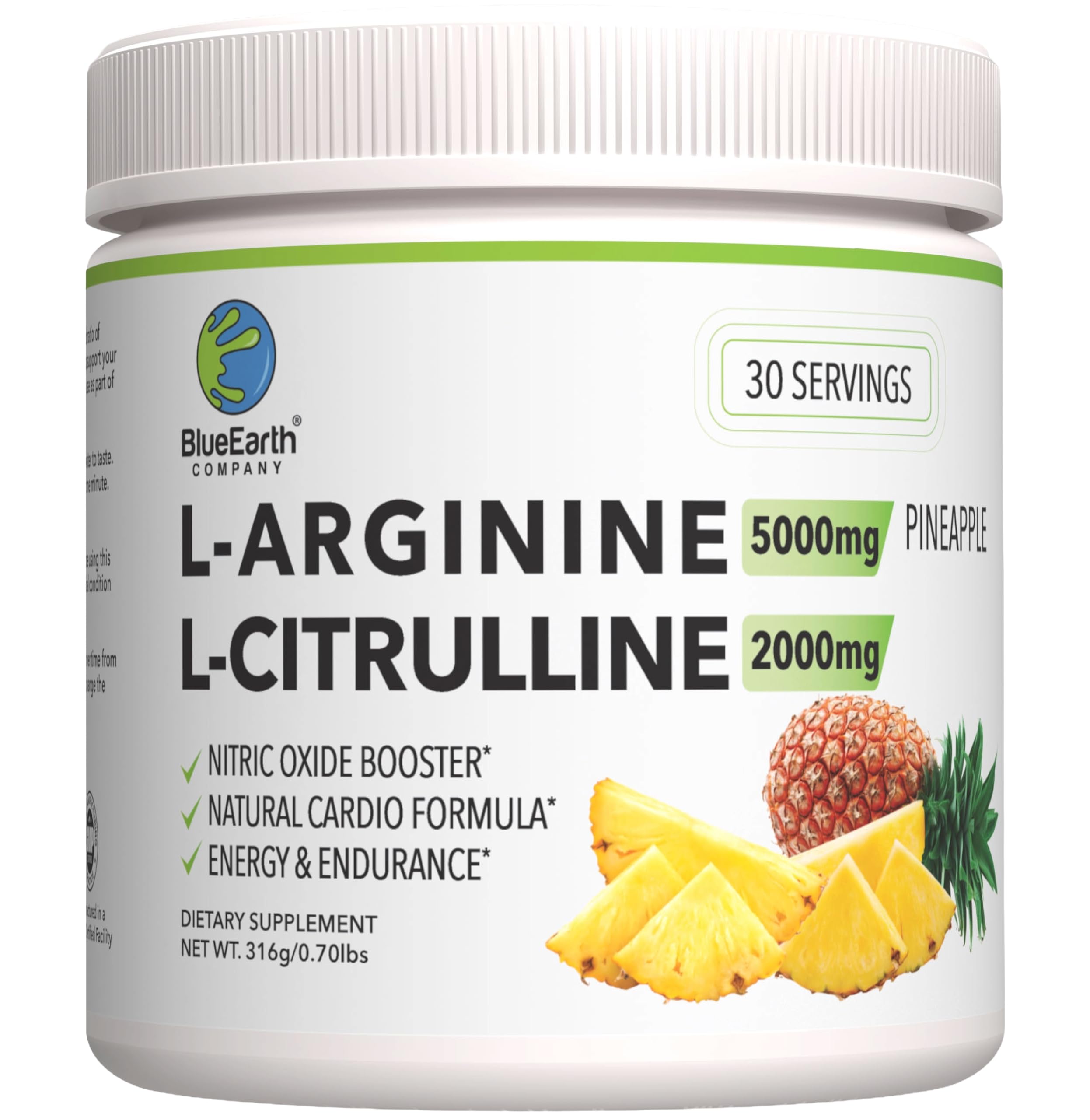 BlueEarth Company L-Arginine 5000mg + L-Citrulline 2000mg Complex Powder Supplement - Nitric Oxide Booster - Heart Health, Circulation, Energy & Endurance - 30 Servings (Pineapple)