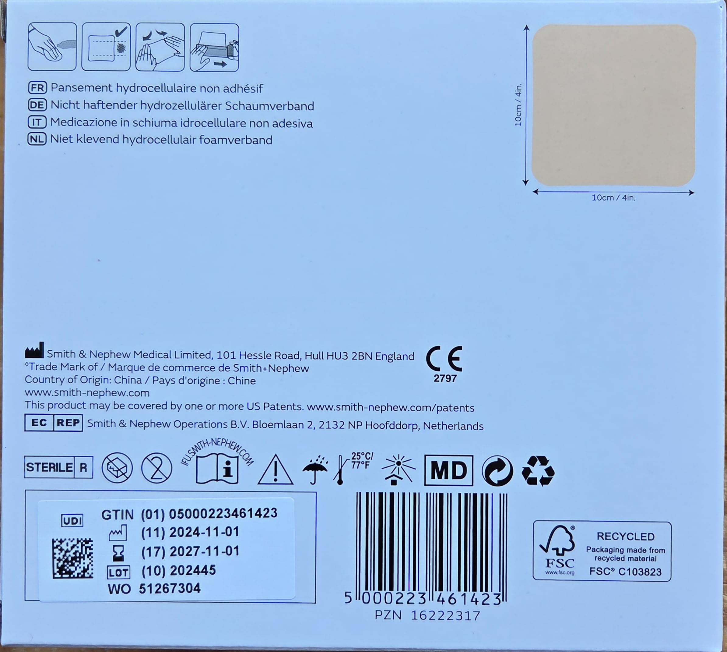 Smith & Nephew ALLEVYN Non-Adhesive, 10cm x 10cm Schaumverband nicht haftend,